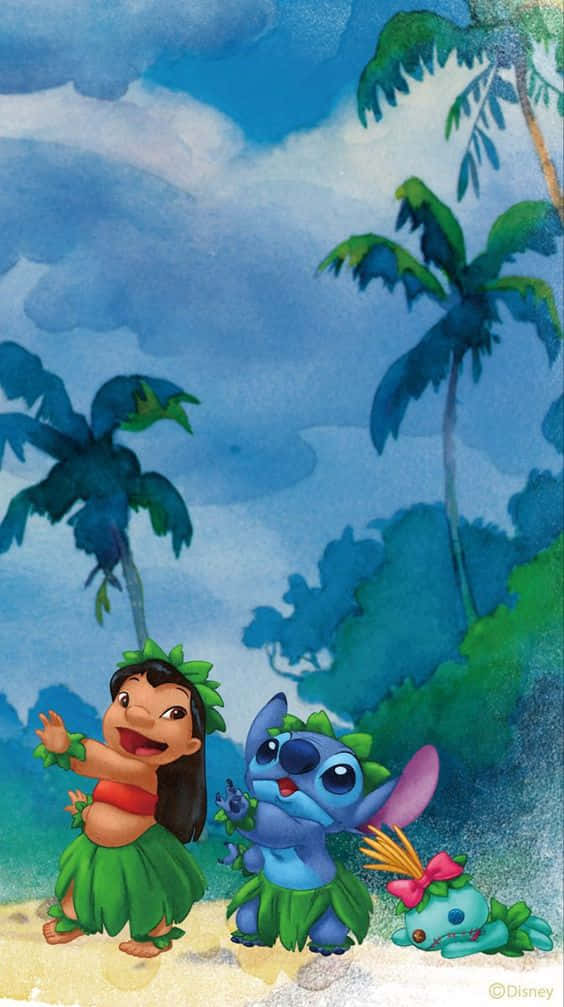 Adorable Stitch And Lilo Dancing In The Beach Wallpaper