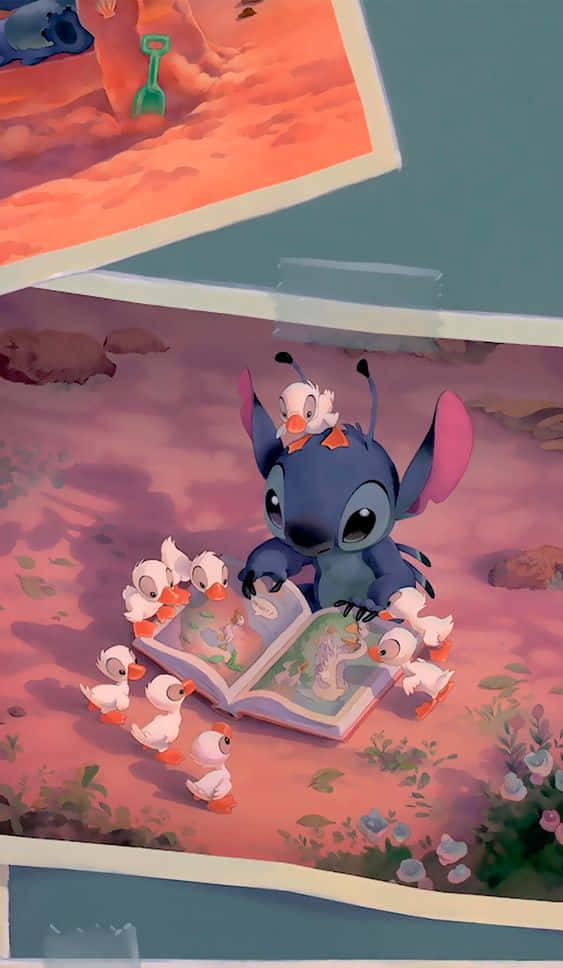 Adorable Stitch Reading With Duckling Wallpaper