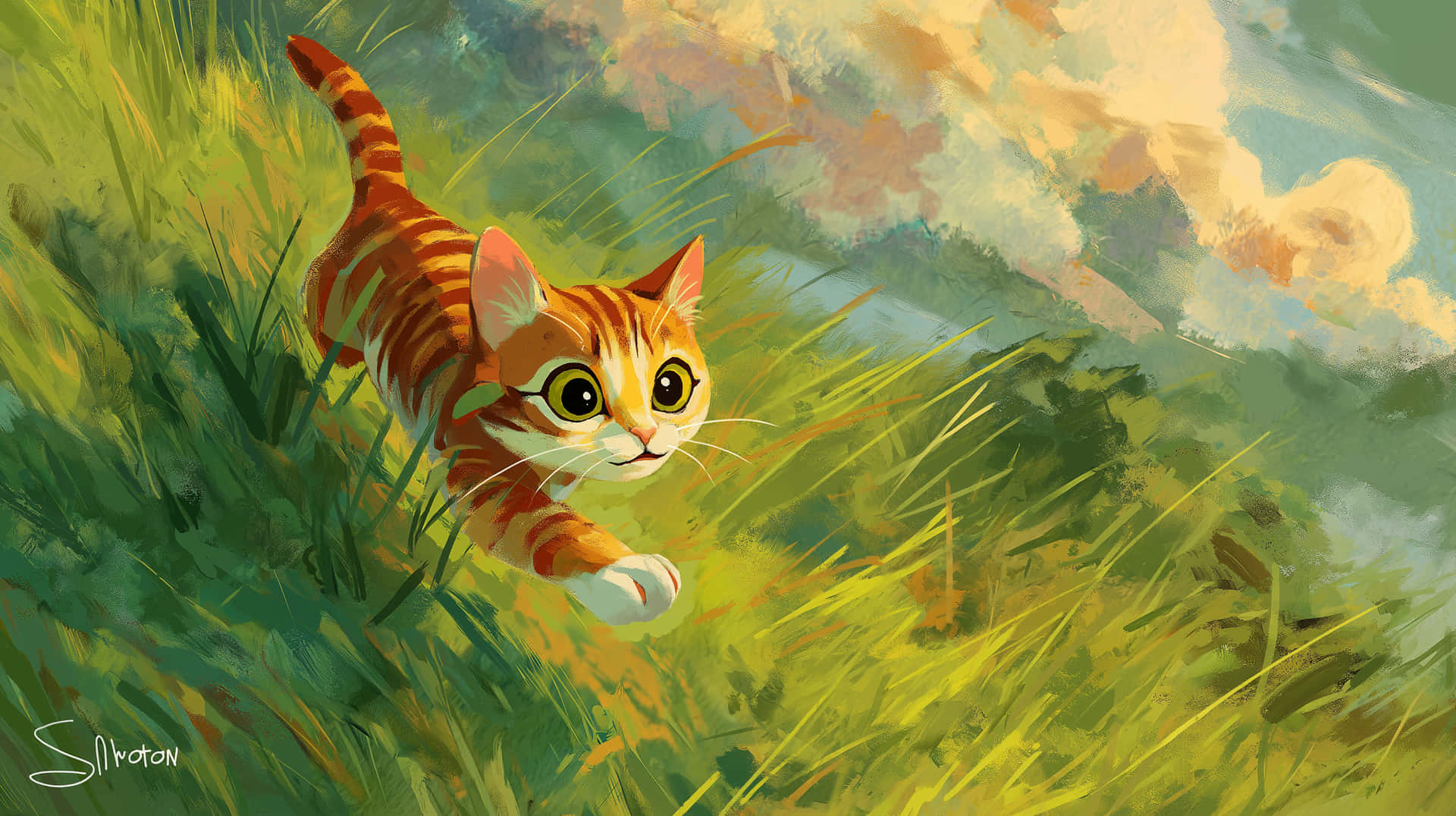 Adorable Striped Kitten Running Through Grassy Field Wallpaper