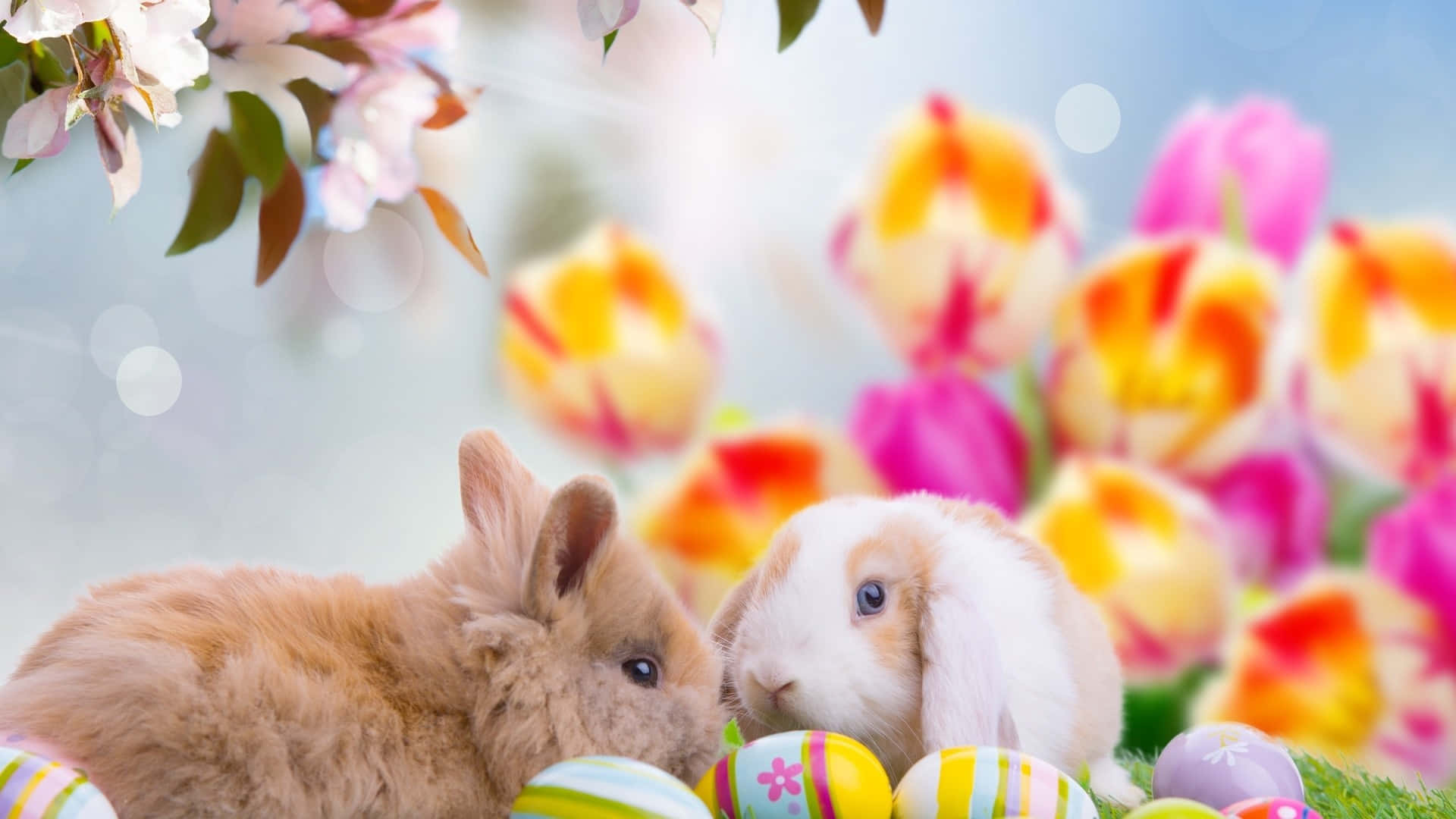 Adorablesconejitos De Pascua Y Huevos Coloridos En Un Vibrante Fondo Primaveral.