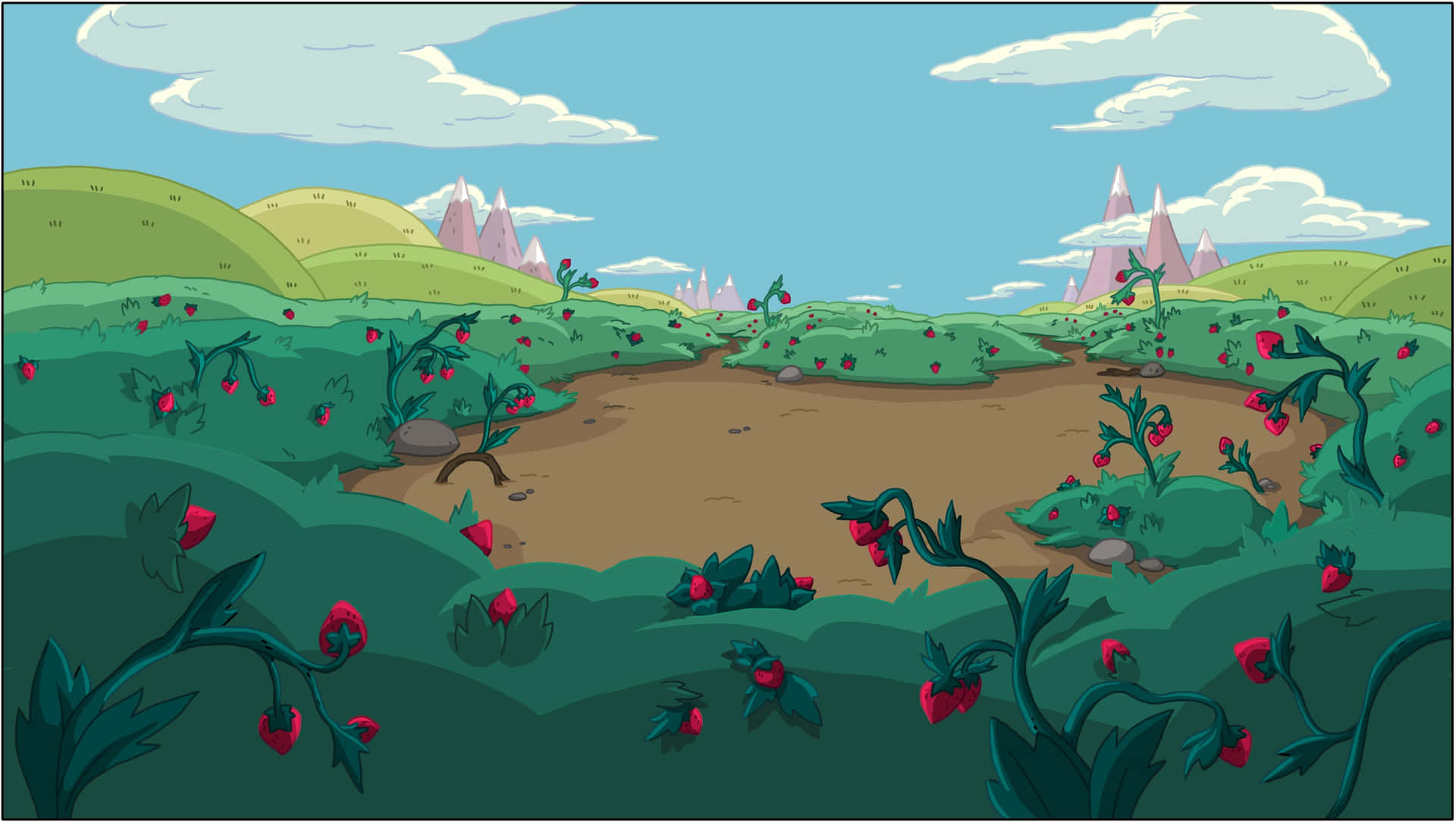 A Cartoon Landscape With A Lot Of Flowers Wallpaper