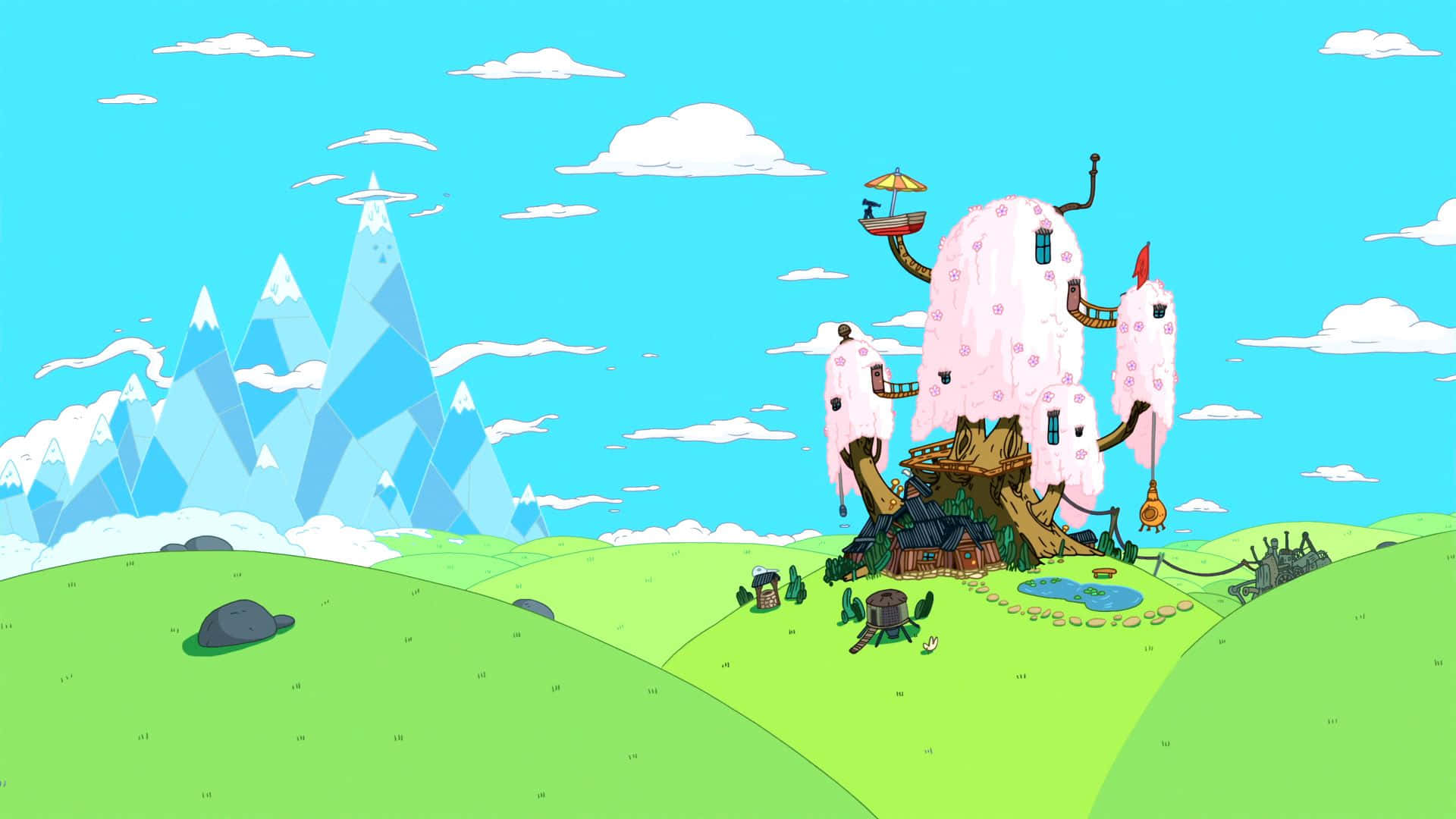 En surreal landskab fyldt med eventyr i Adventure Time-verdenen Wallpaper