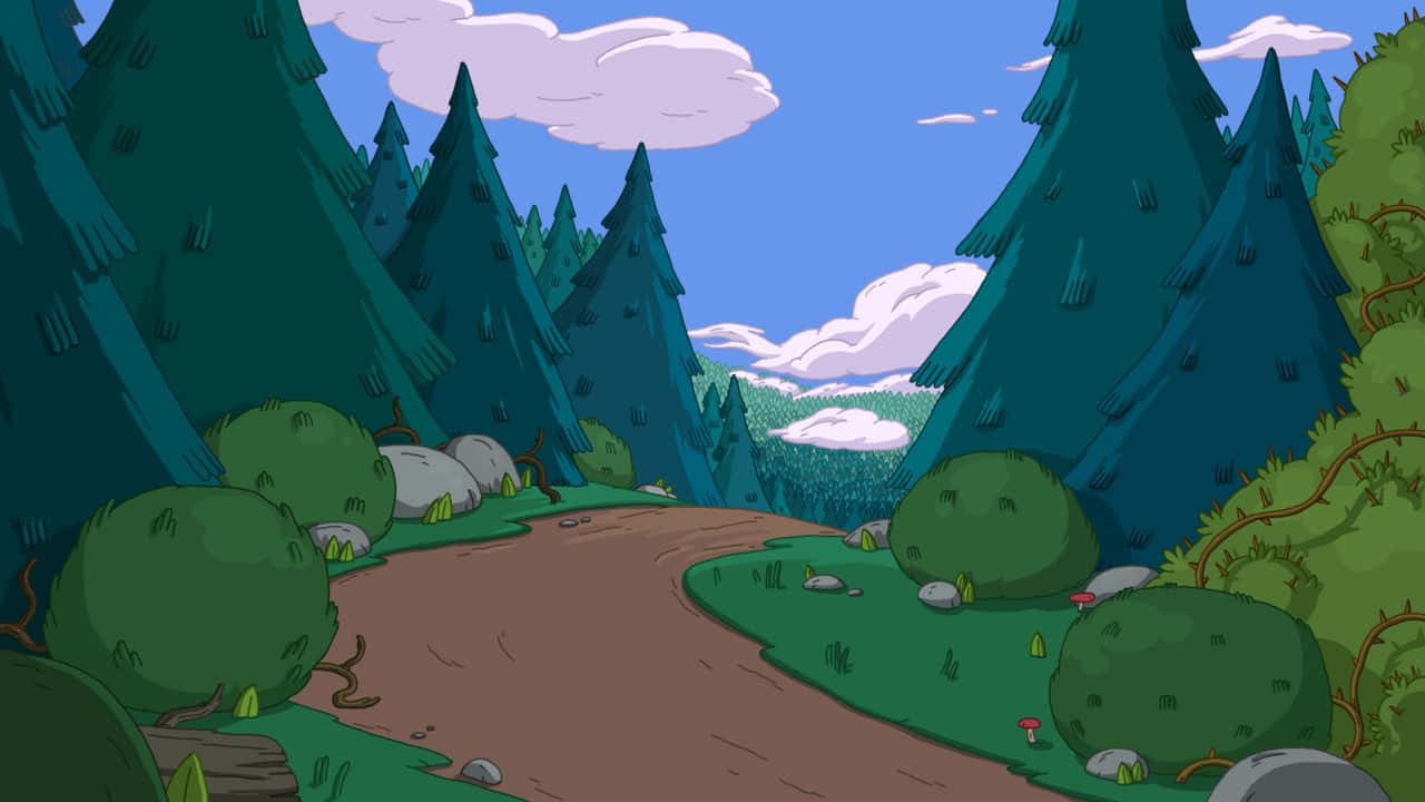 A Cartoon Forest With Trees And A Dirt Path Wallpaper