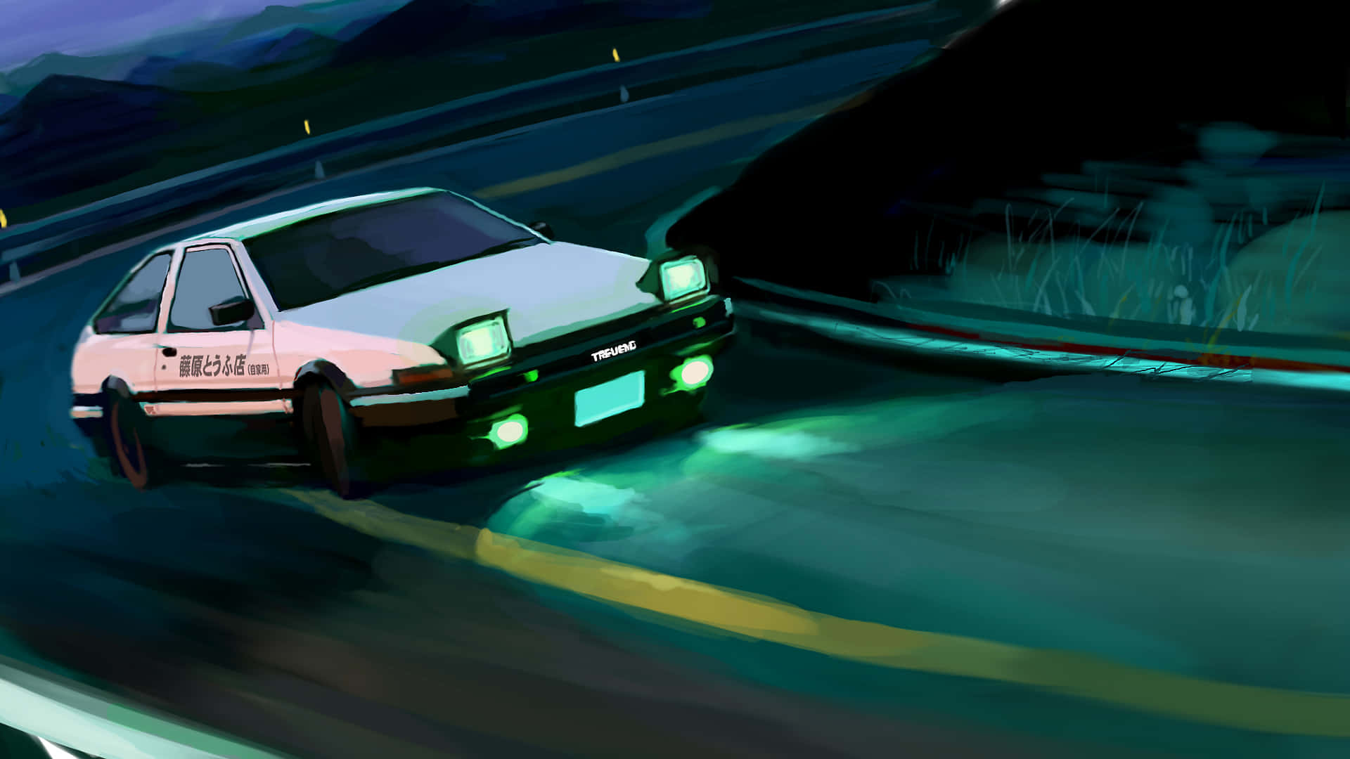 A White Car Driving Down A Road At Night Wallpaper