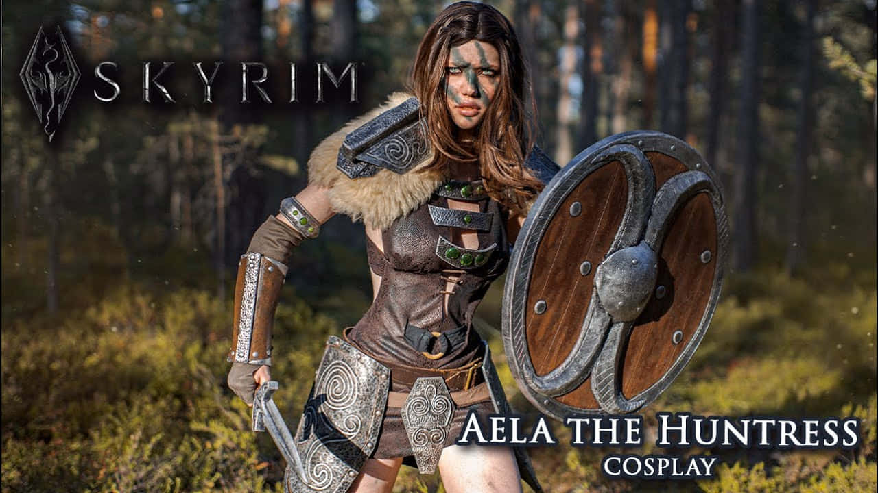 Aela The Huntress in action, fierce Nordic warrior Wallpaper