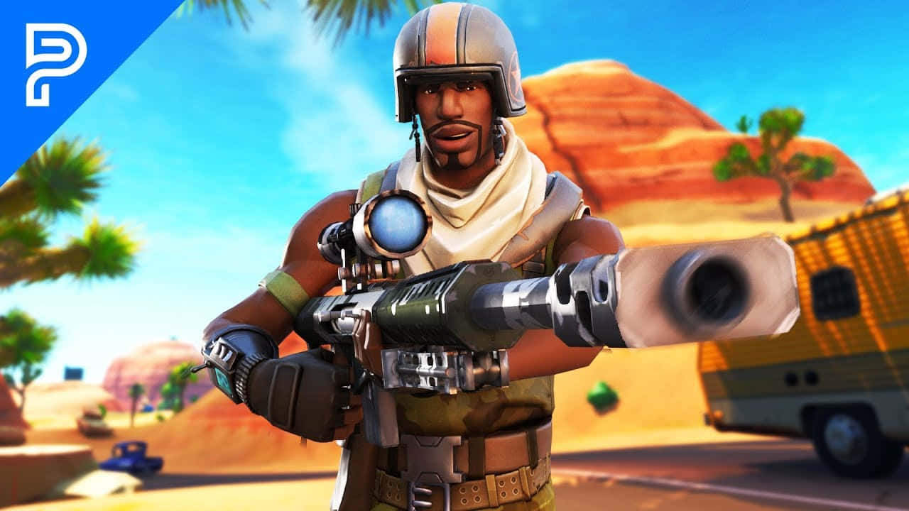 Fortnite - A Soldier With A Gun In Front Of A Desert Wallpaper