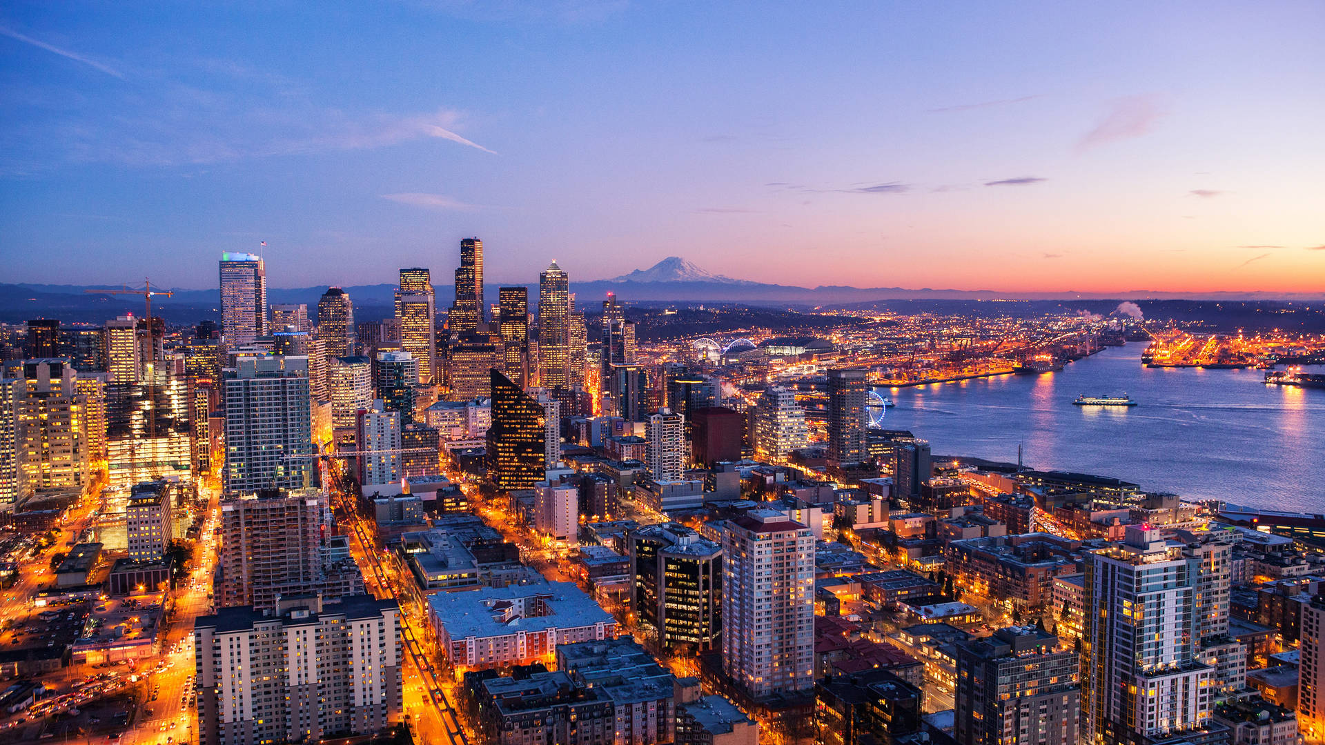 Aerial Seattle Skyline Lighted Road Wallpaper