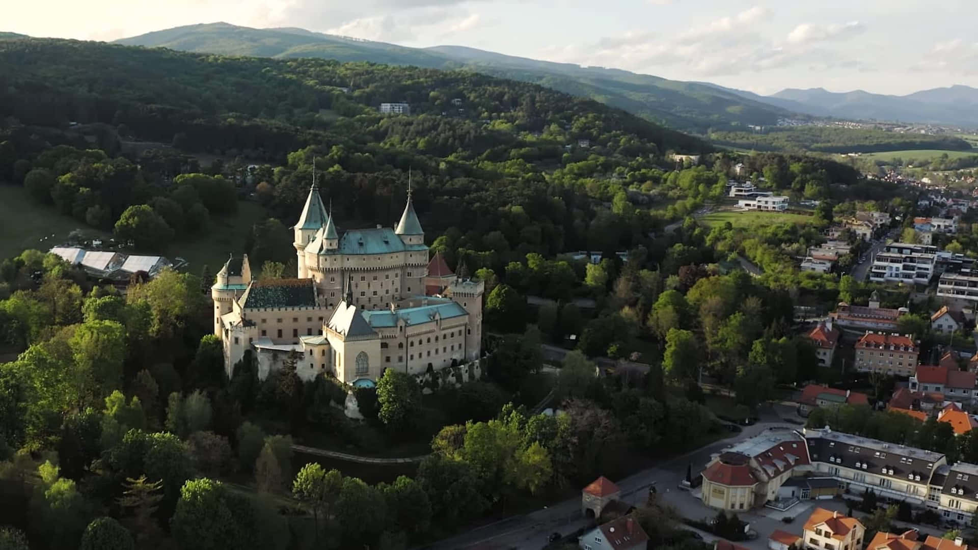 Aerial View Bojnice Castle And Forest Wallpaper