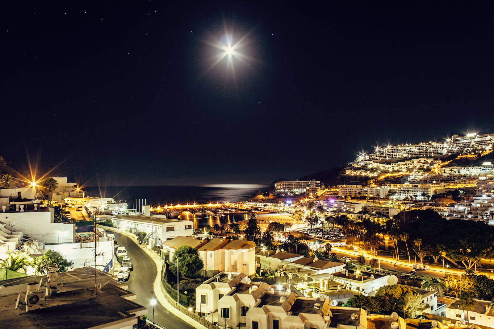 Aerial View Bustling City In Moonlight Wallpaper