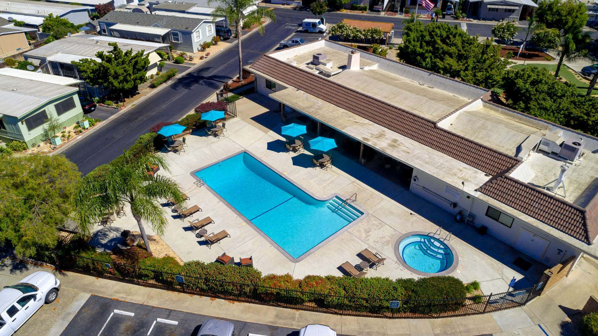 Aerial View Community Swimming Pool Wallpaper