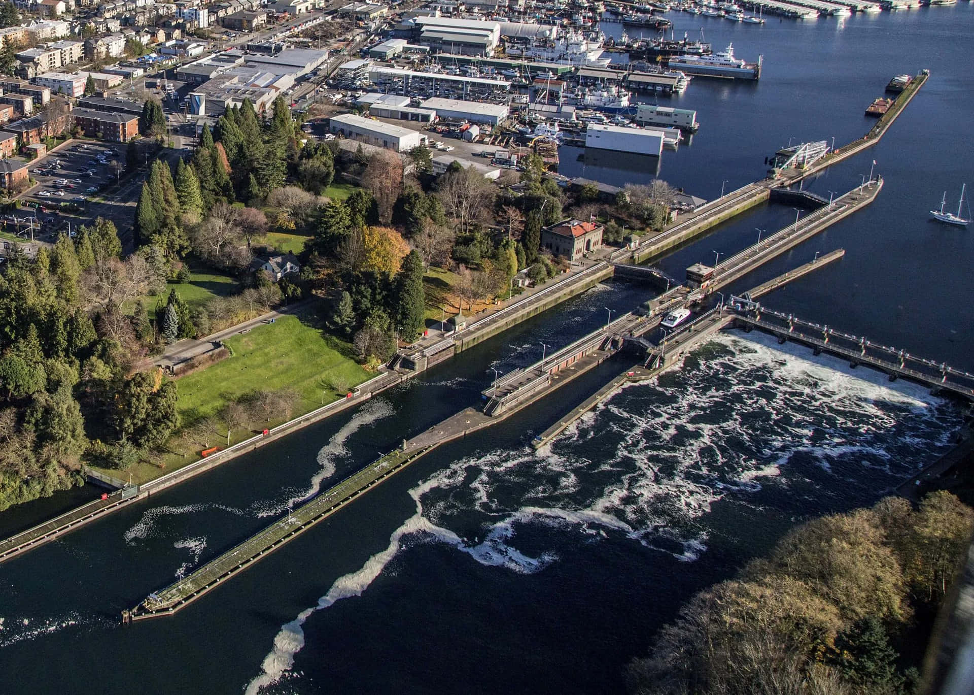 Aerial_ View_of_ Ballard_ Locks_ Seattle Wallpaper