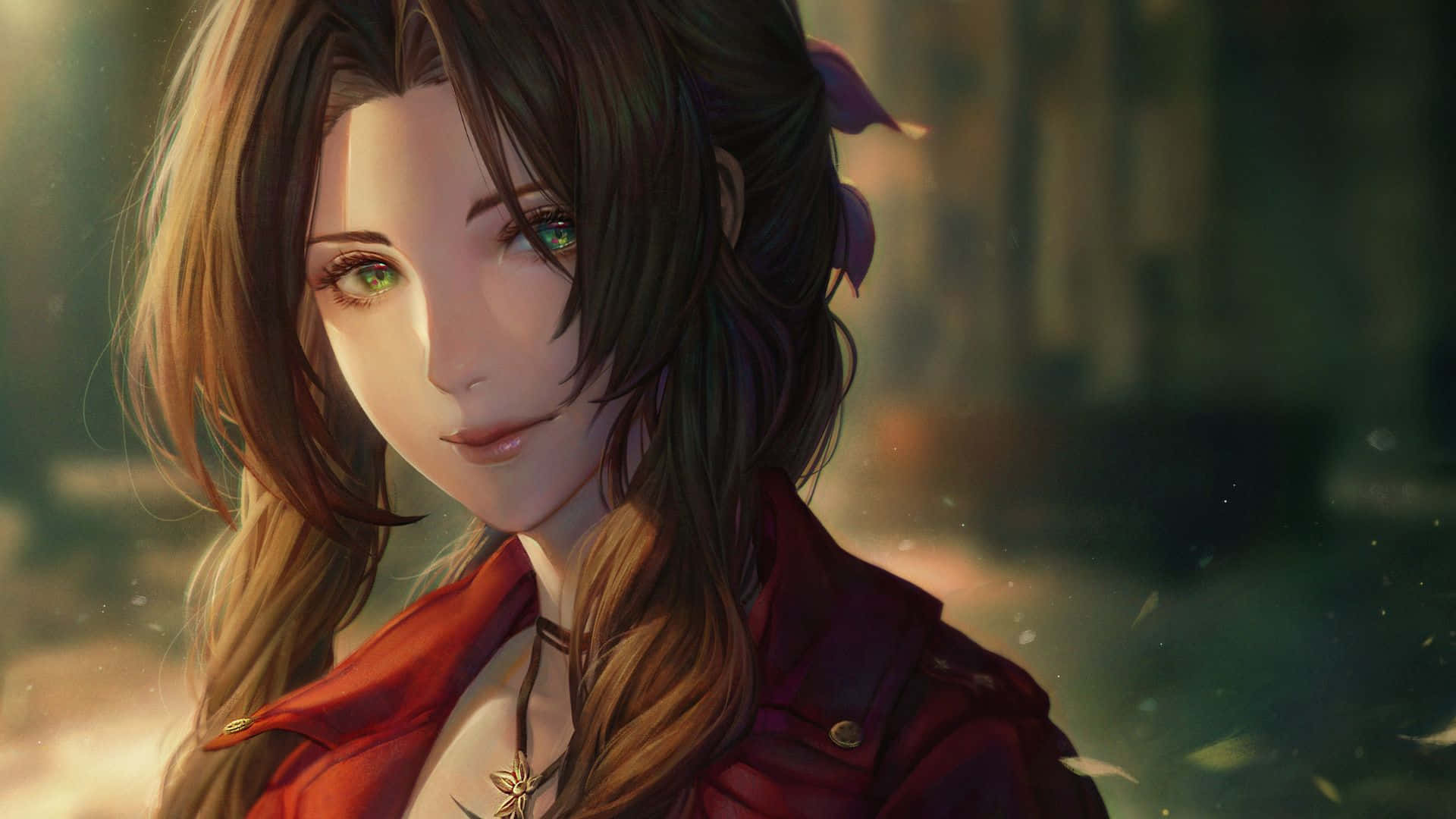 Aerith Gainsborough From Final Fantasy Vii Standing Amidst Lush Greenery Wallpaper