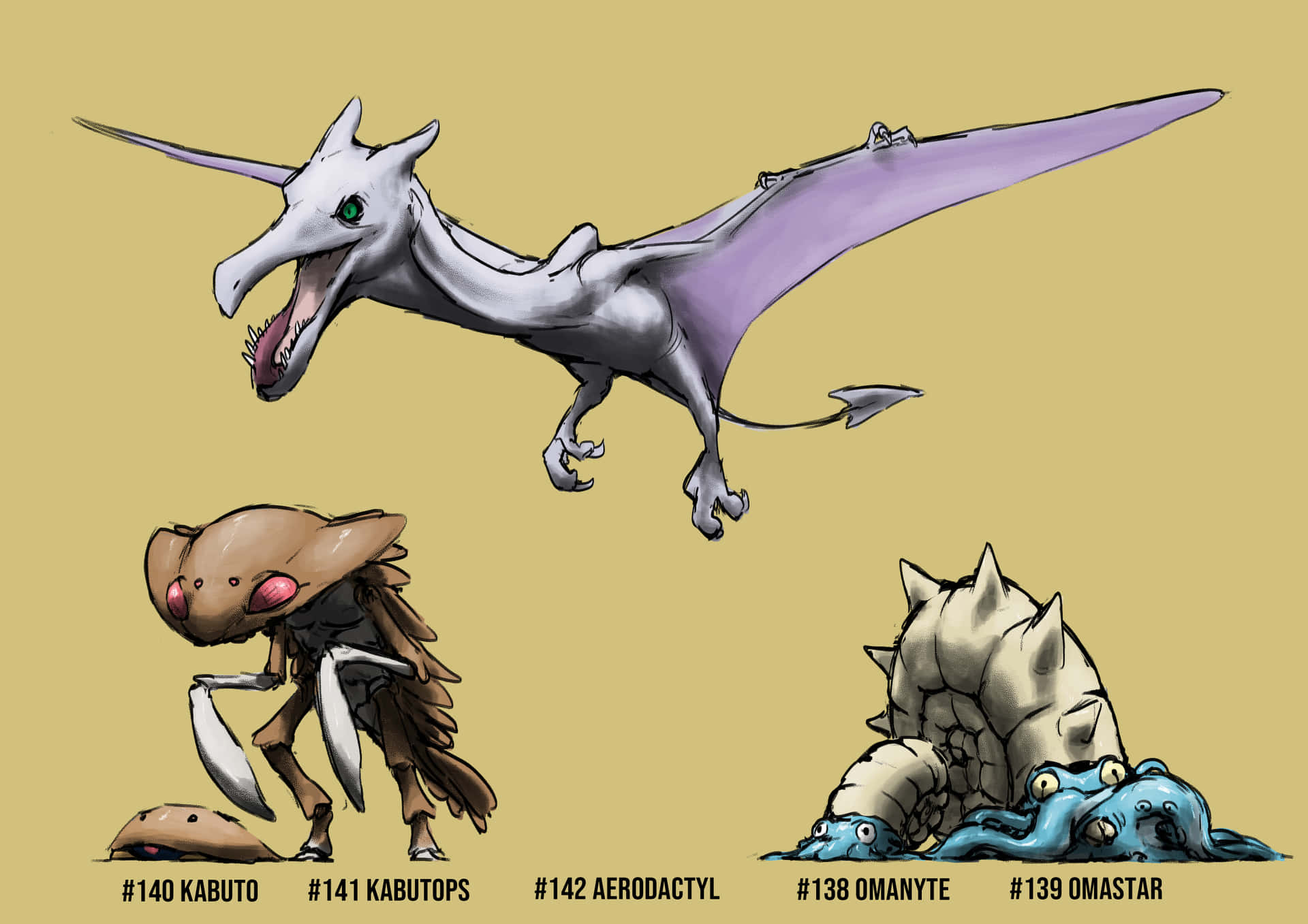 Aerodactyl,kabutops Och Omastar. Wallpaper