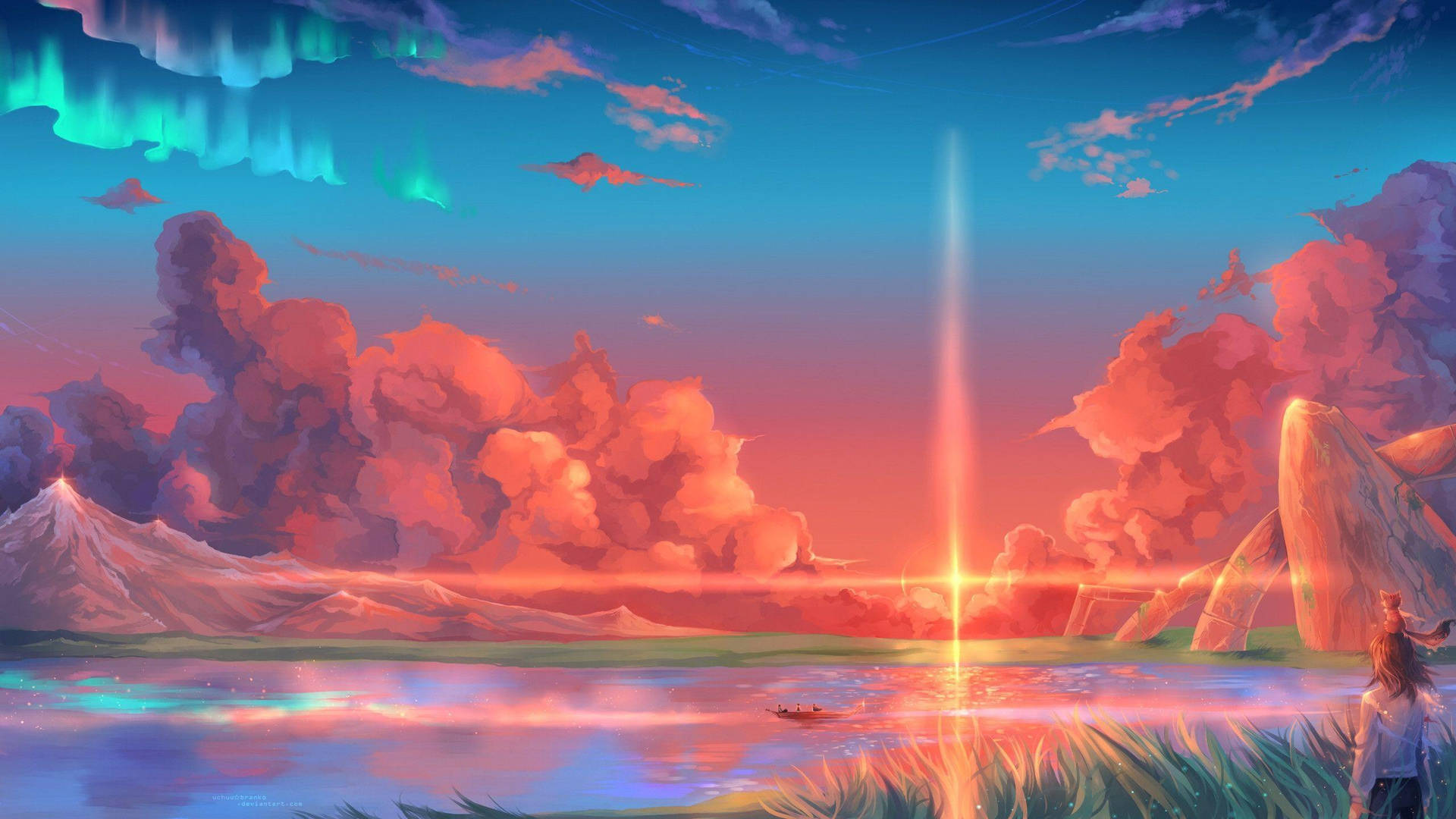 Æstetisk Anime Scenario Af En Solnedgang Over Havet Wallpaper
