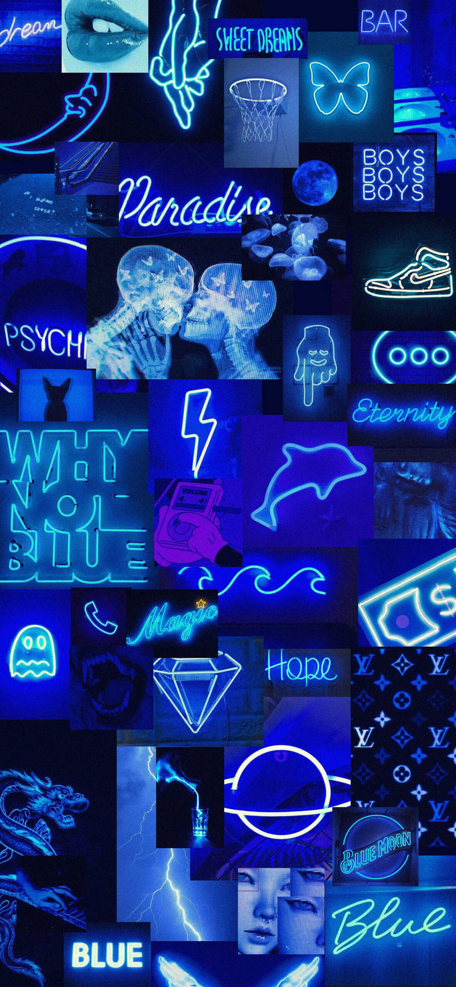 Æstetisk Blå Neon Collage Wallpaper