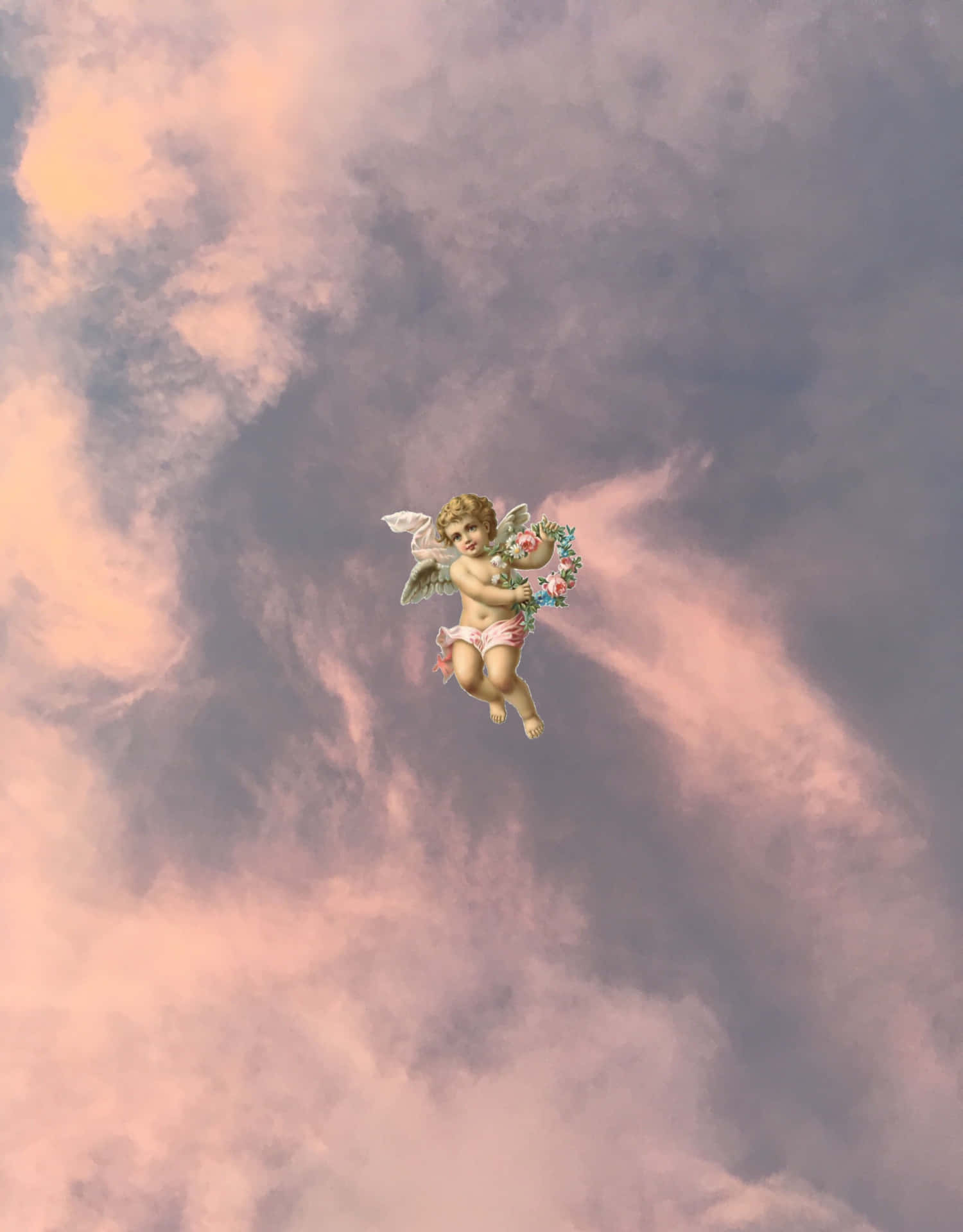Uncupido Volando A Través Del Cielo Con Flores Fondo de pantalla