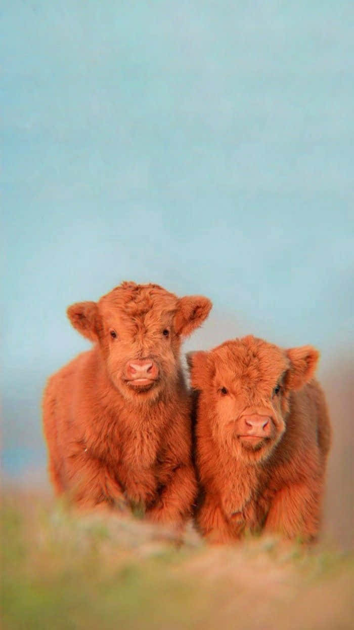 Two Brown Cows Standing In A Field Wallpaper