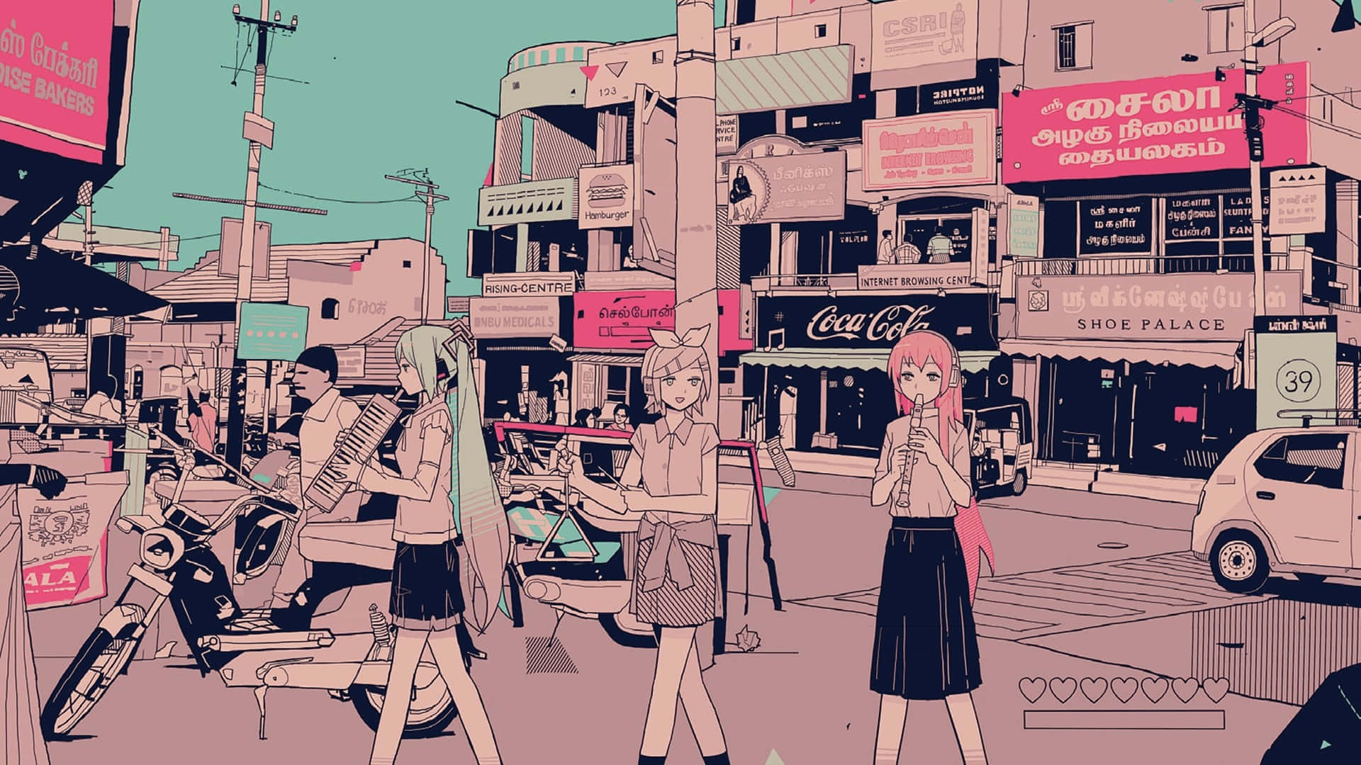 Girls On Busy Street Aesthetic Anime Background 1920 x 1080 Background