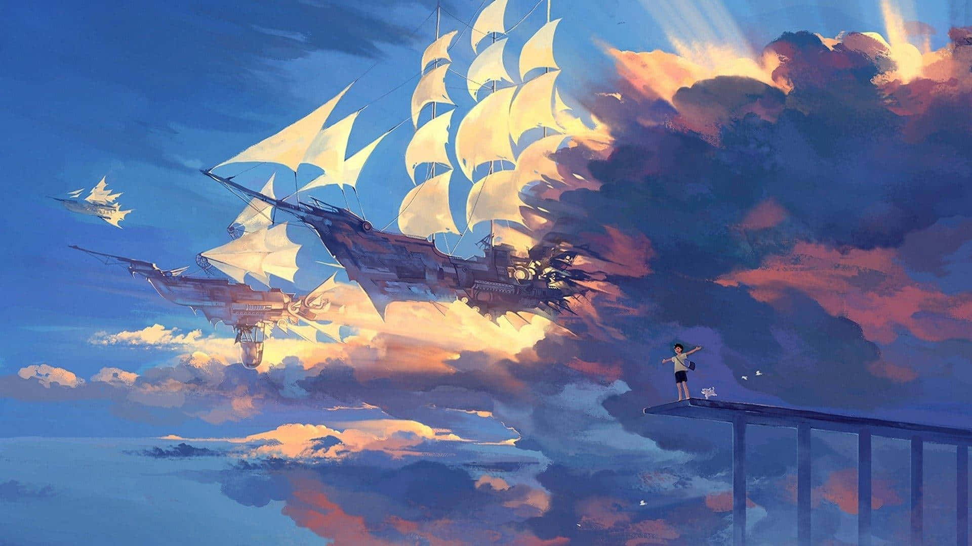 Huge Sail Ships Aesthetic Anime Background 1920 x 1080 Background