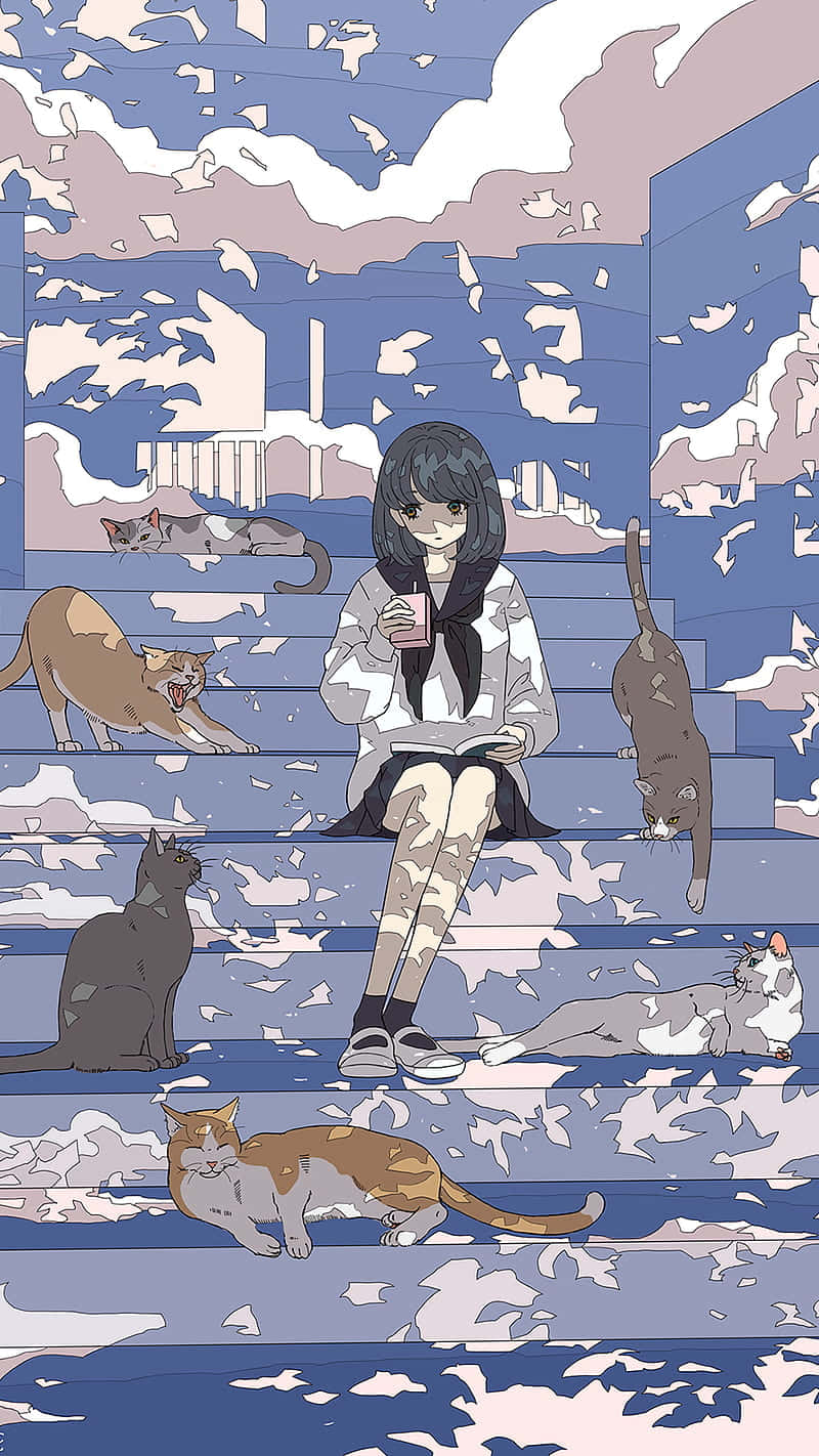 Girl Surrounded With Cats Aesthetic Anime Background 800 x 1422 Background