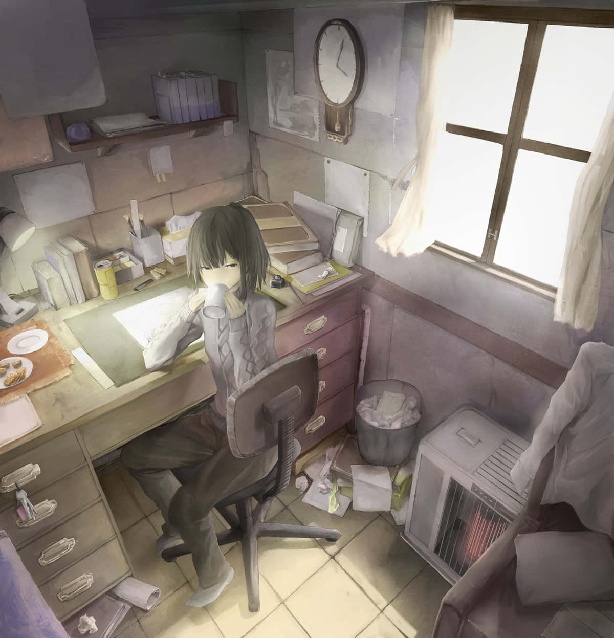A Girl Sitting At A Desk In An Anime Room