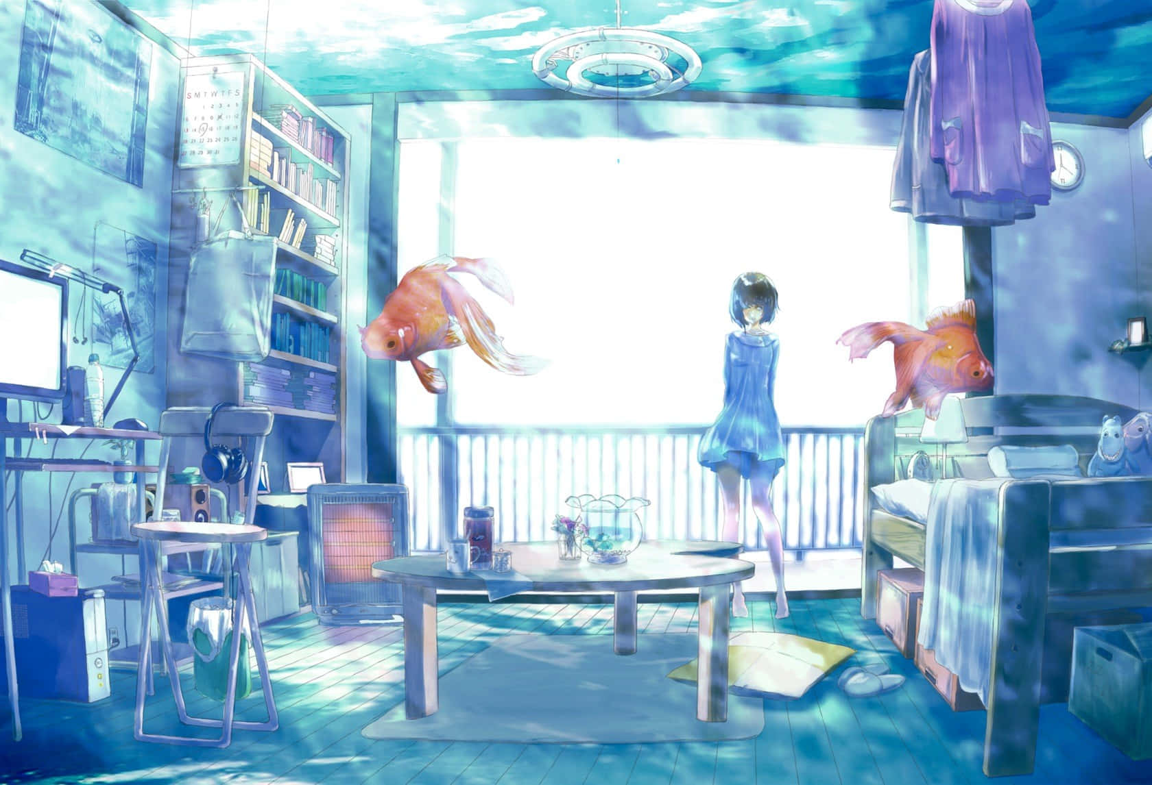 A Girl Is Standing In A Room With Fish In The Water