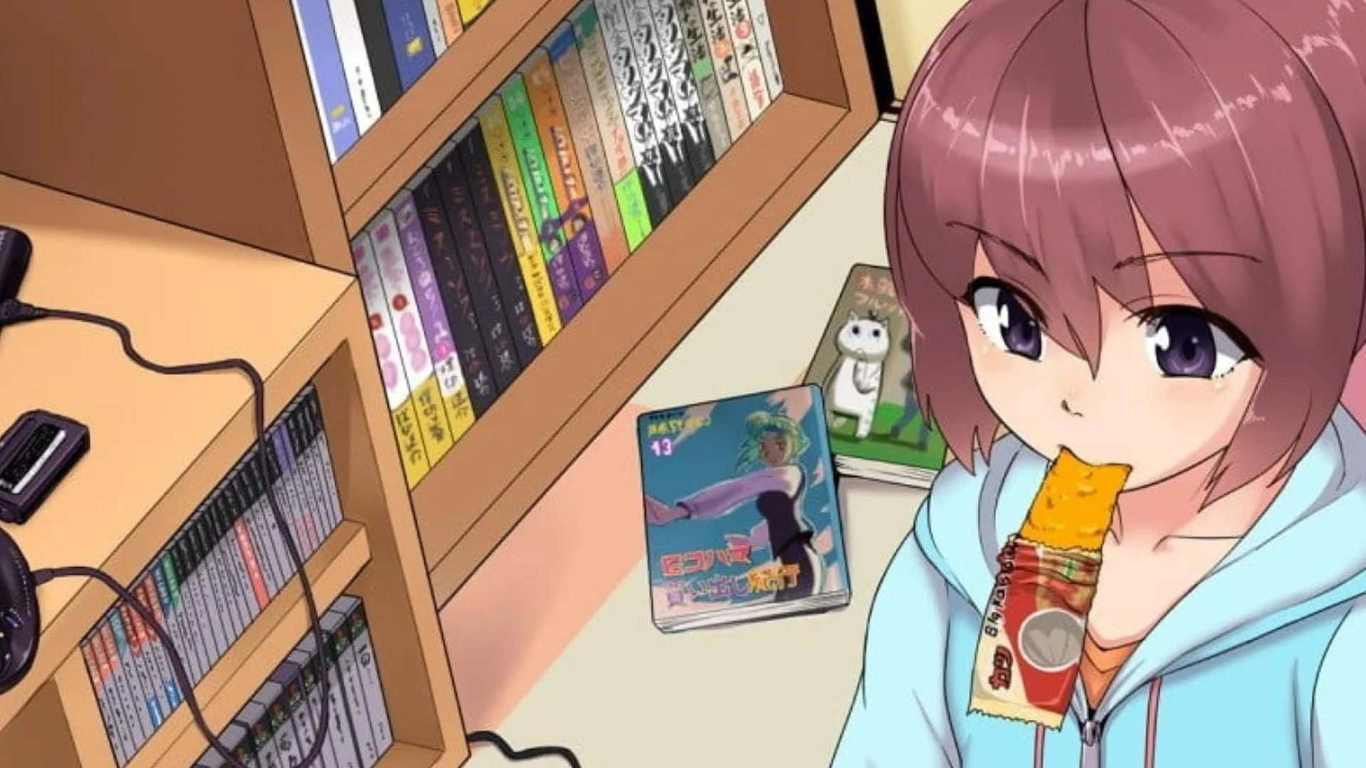 A Girl With Pink Hair Is Eating A Snack In Front Of A Book Shelf