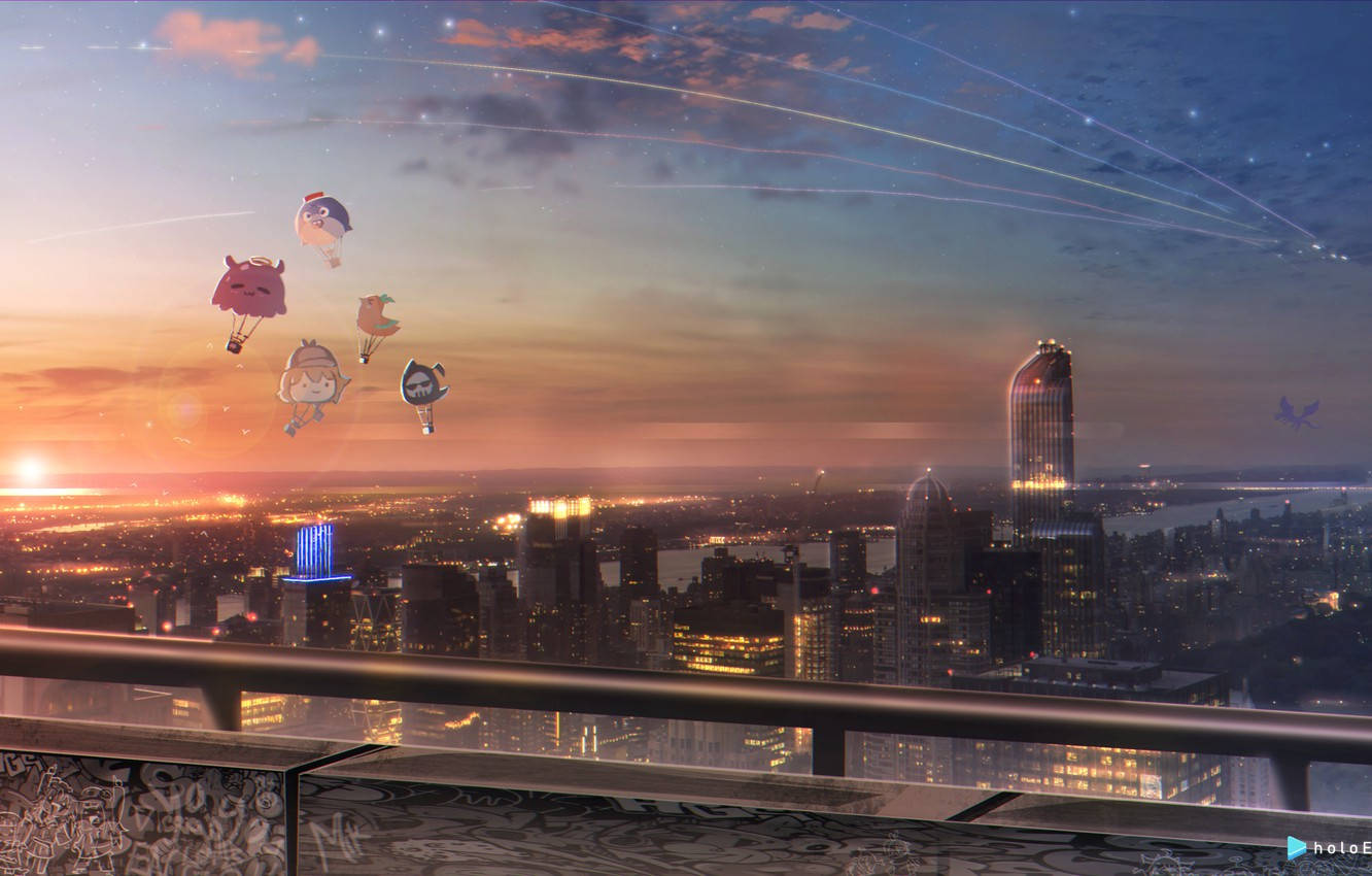 Aesthetic Anime City Hot Air Balloons Wallpaper