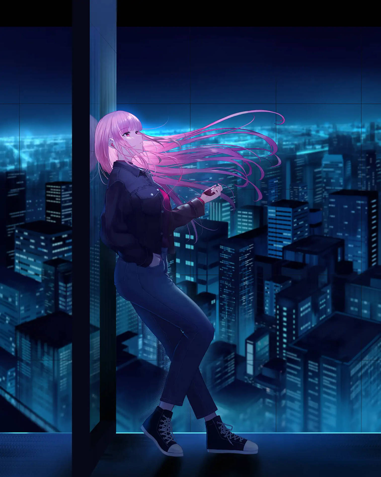 Aesthetic Anime City Sad Pink Girl Background