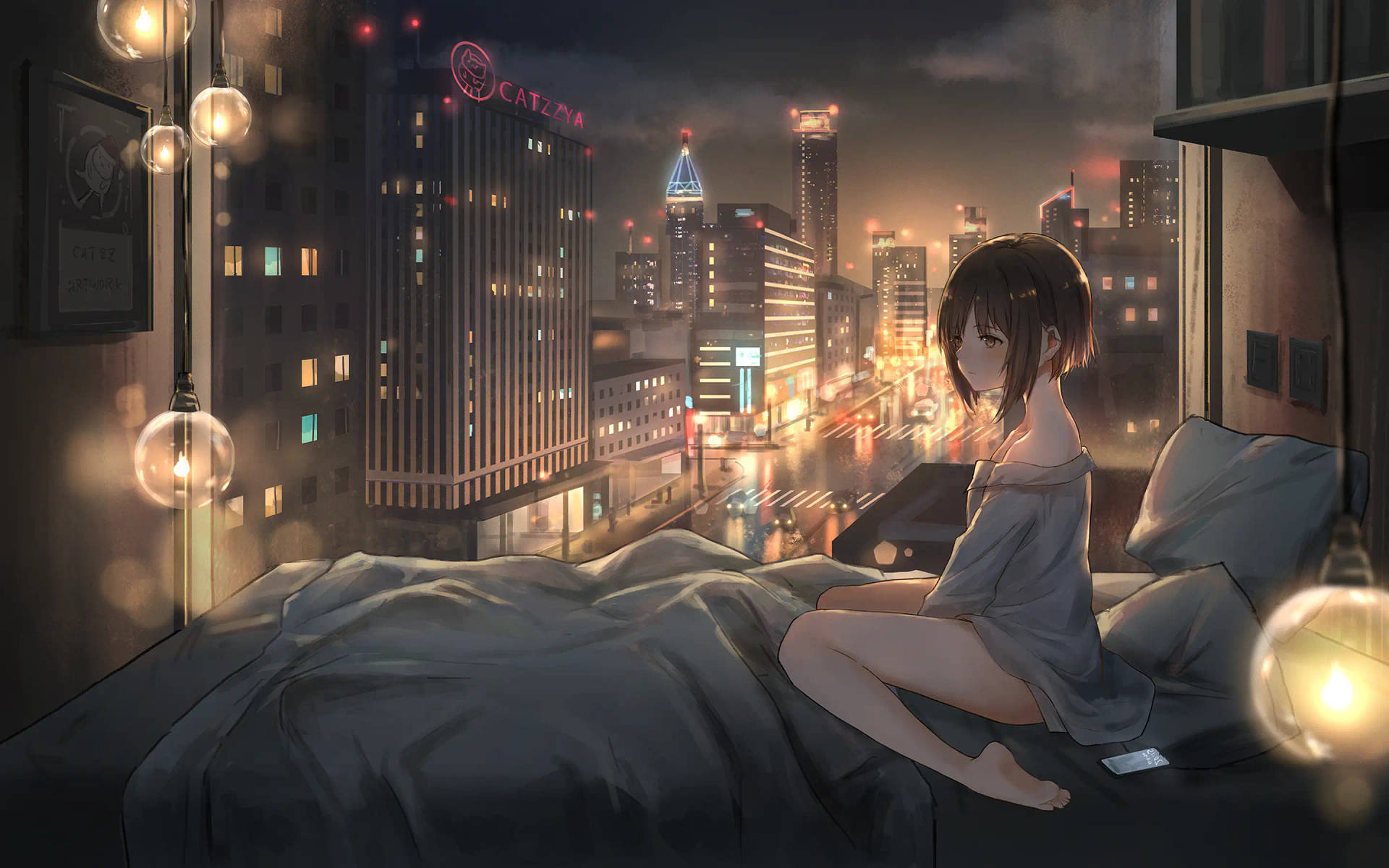 Aesthetic Anime City With Girl Wallpaper