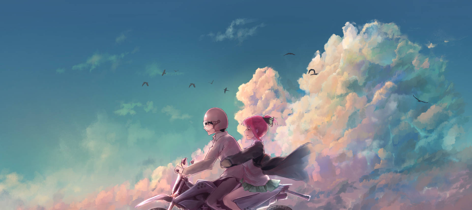 Aesthetic Anime Desktop Boy And Girl On Flying Bike Wallpaper