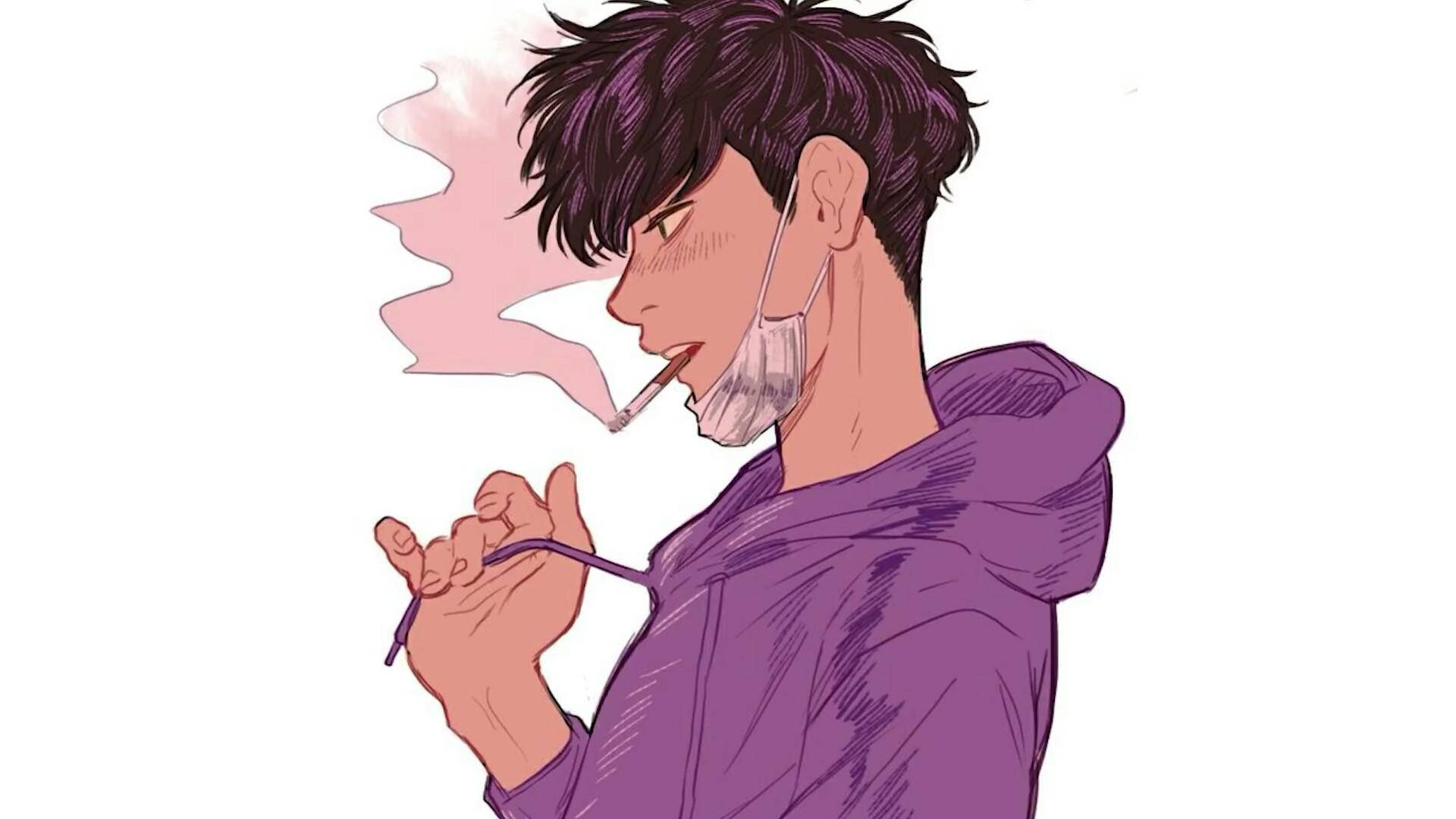 Aesthetic Anime Desktop Boy In Hoodie Smoking Wallpaper