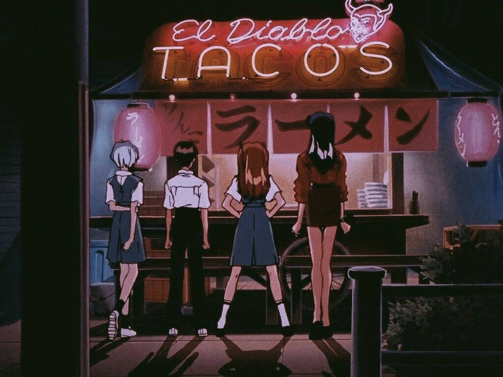 Aesthetic Anime Desktop Evangelion Ordering Tacos Wallpaper