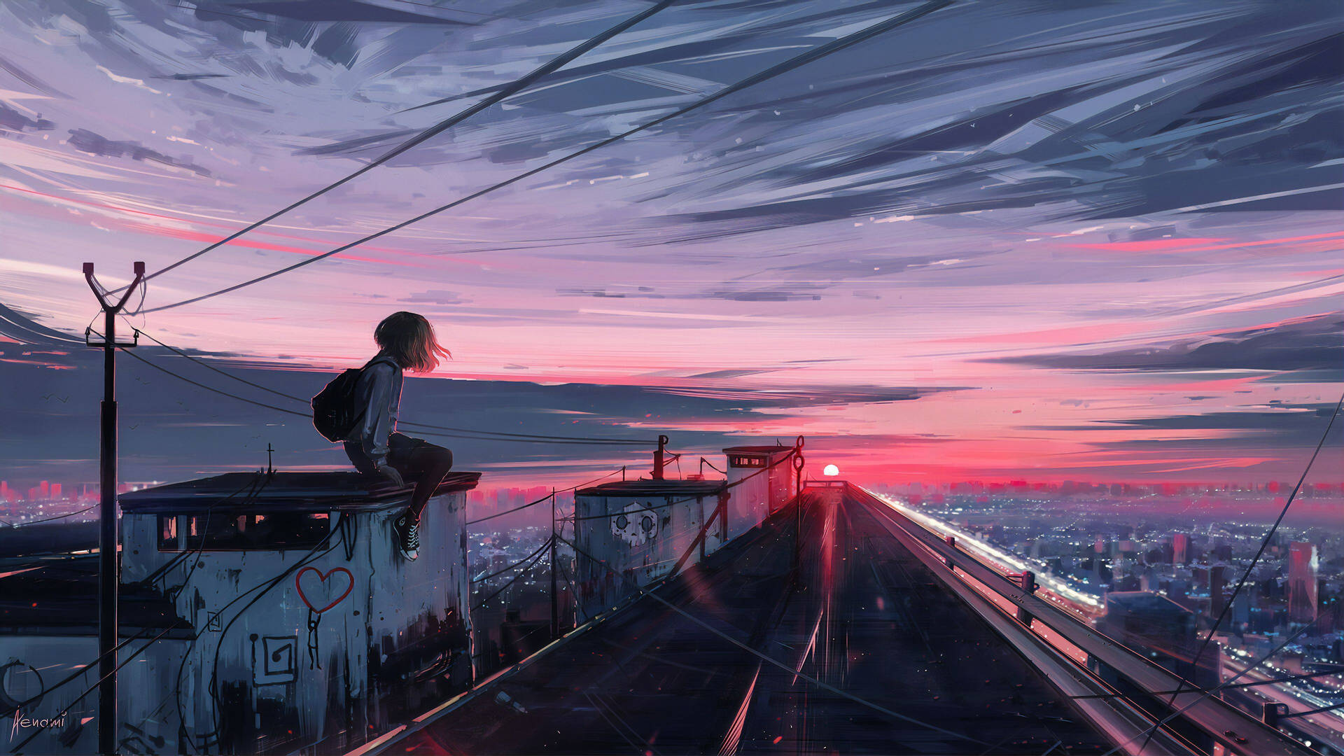 Chicade Anime Estético En El Escritorio, Observando La Carretera Desde Un Edificio Fondo de pantalla