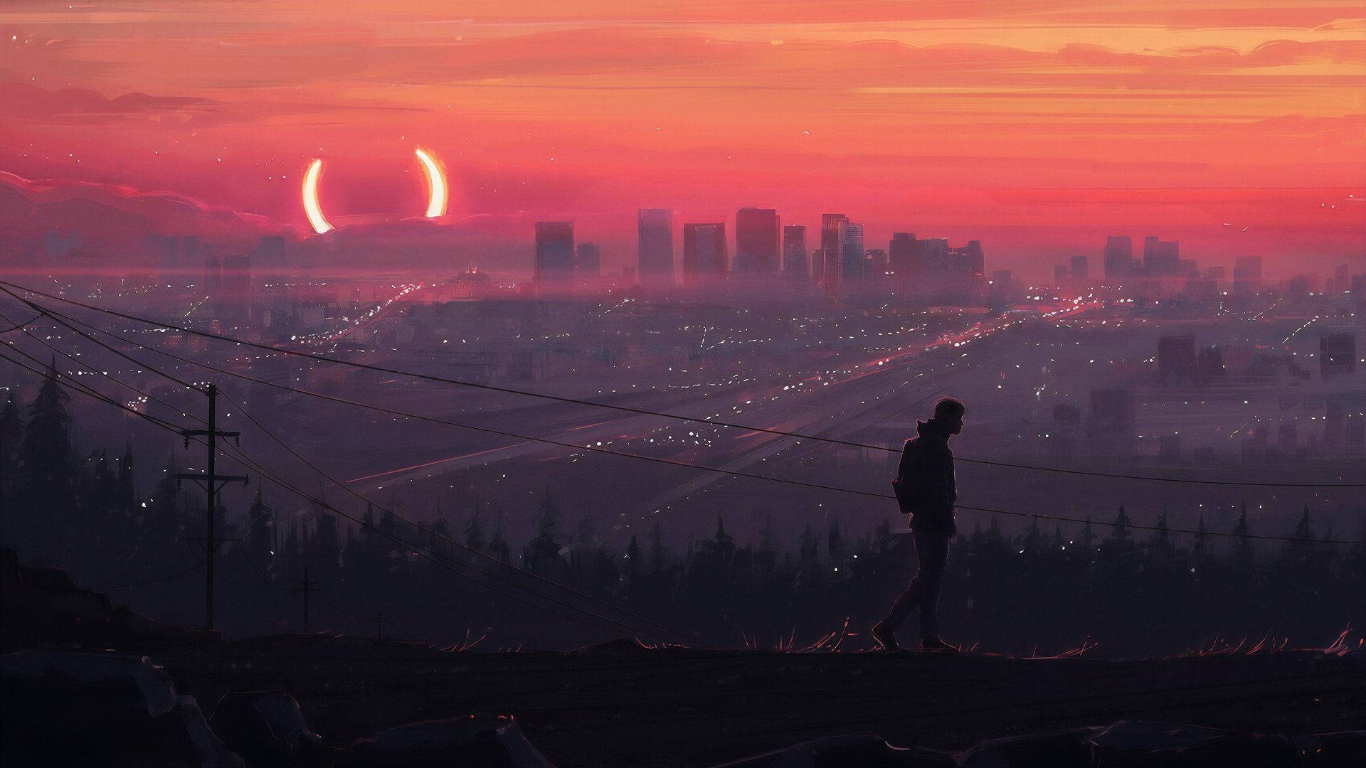 Aesthetic Anime Desktop Man Walking During Sunset Wallpaper