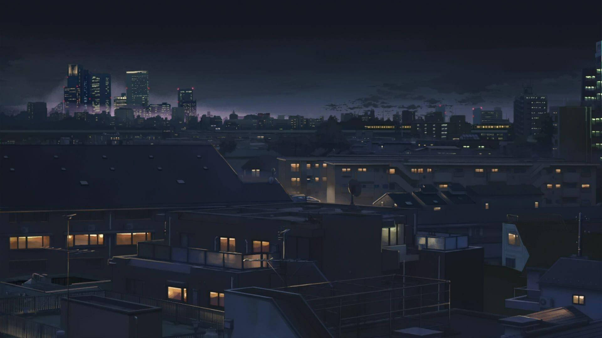 Download Aesthetic Anime Desktop Residential At Night Wallpaper | Wallpapers .com