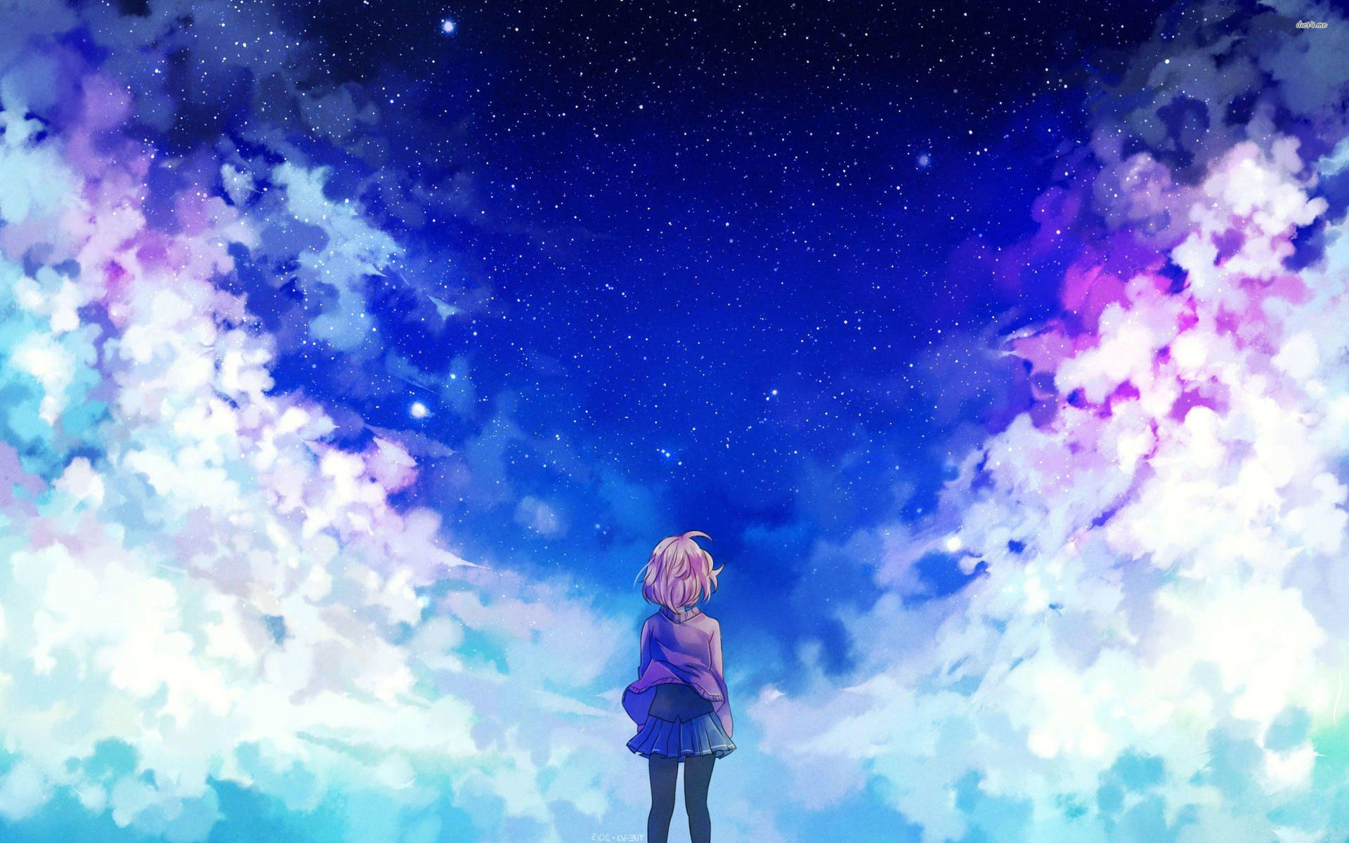 Aesthetic Anime Girl On Starry Cloud Wallpaper
