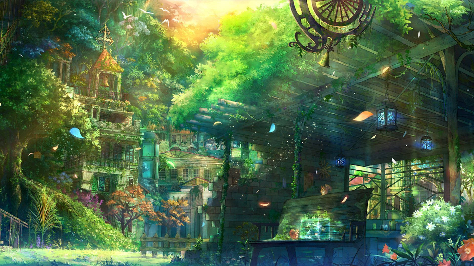 Aesthetic Art Forest Mansion Background