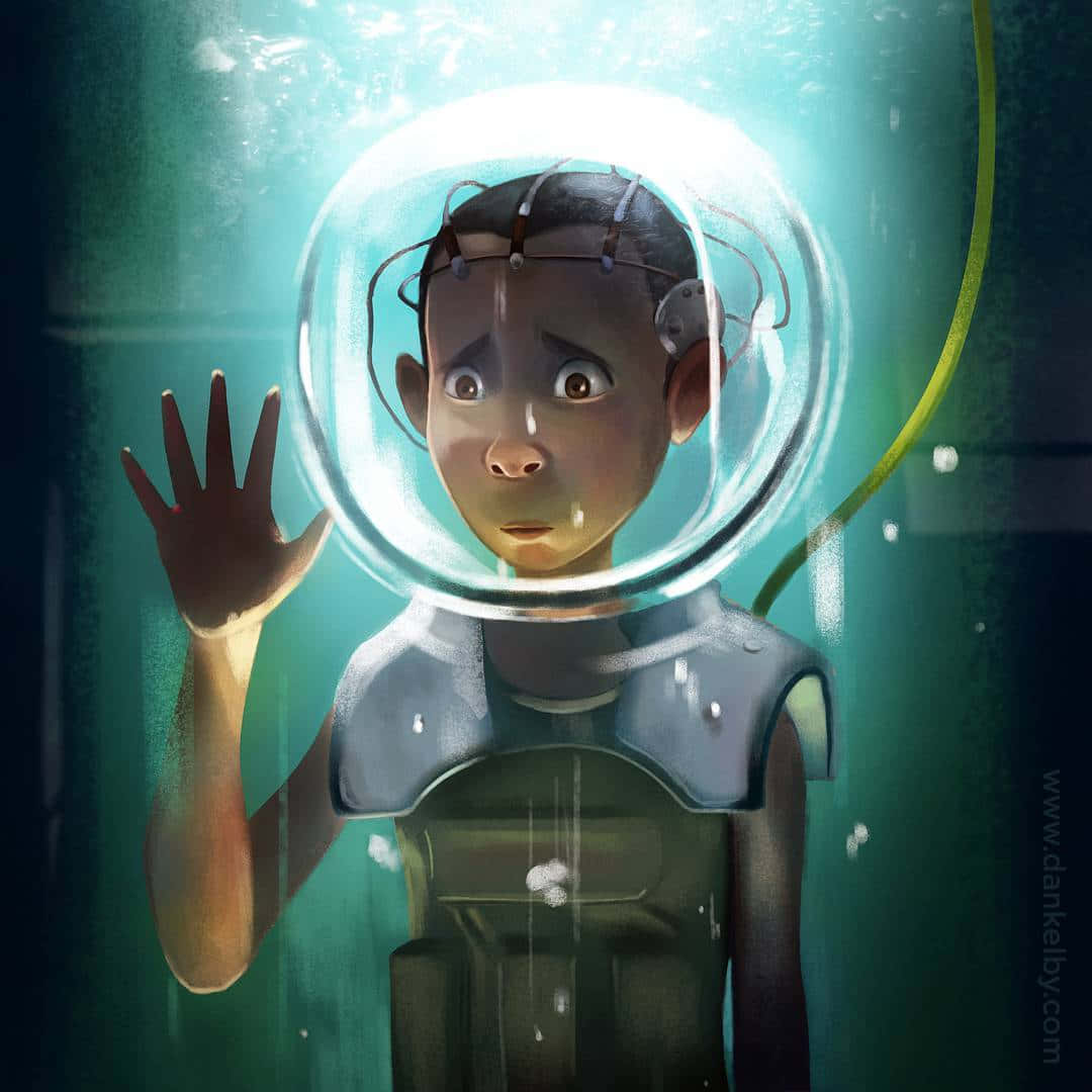A Girl In An Underwater Suit Is Holding Her Hand Up