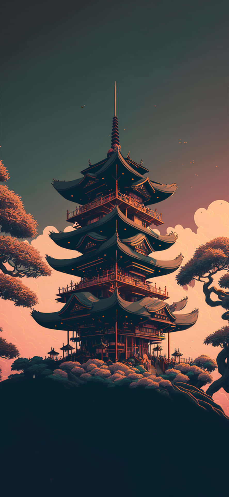 A Pagoda On A Hill With Trees In The Background