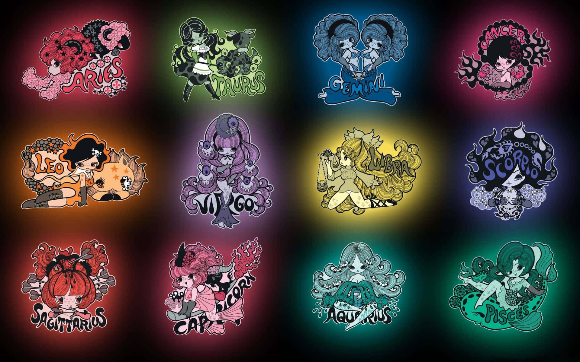 Ungrupo De Coloridos Stickers Con Diferentes Personajes. Fondo de pantalla