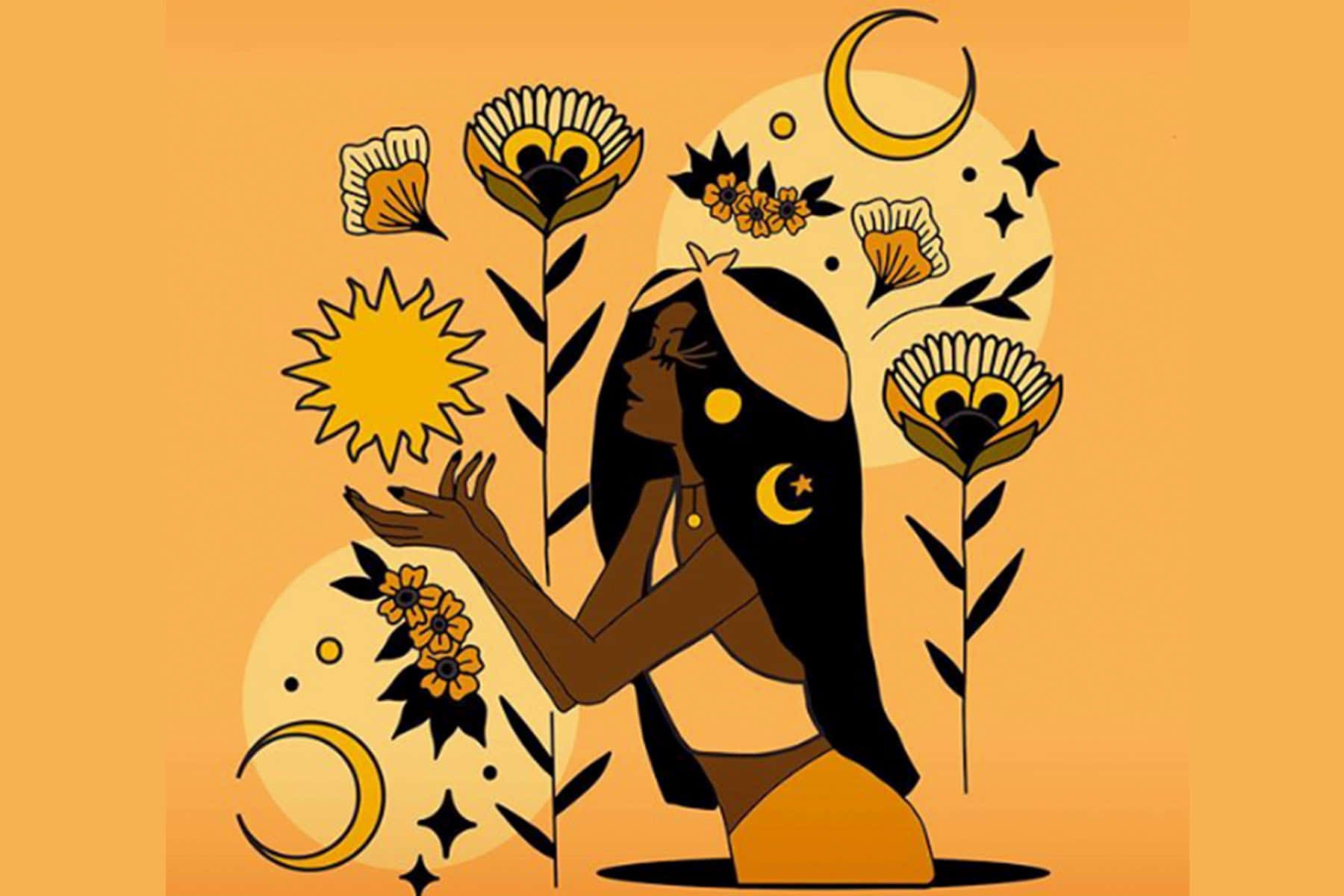 Enkvinna Som Håller En Blomma Och Solen. Wallpaper