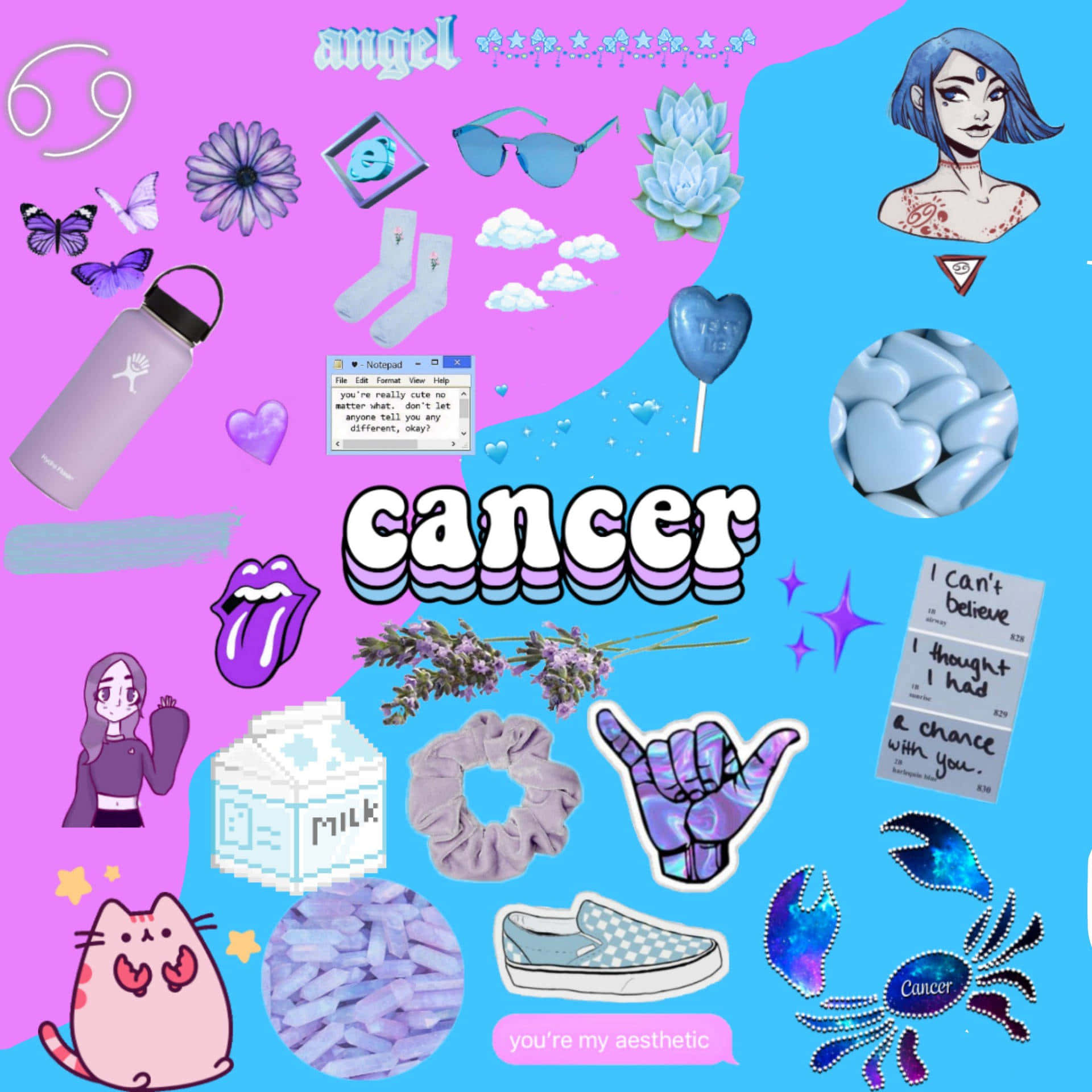 Cancer - A Pink And Blue Collage With Various Items Wallpaper
