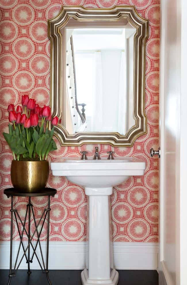 Aesthetic Bathroom Wall Mirror Flowers Wallpaper