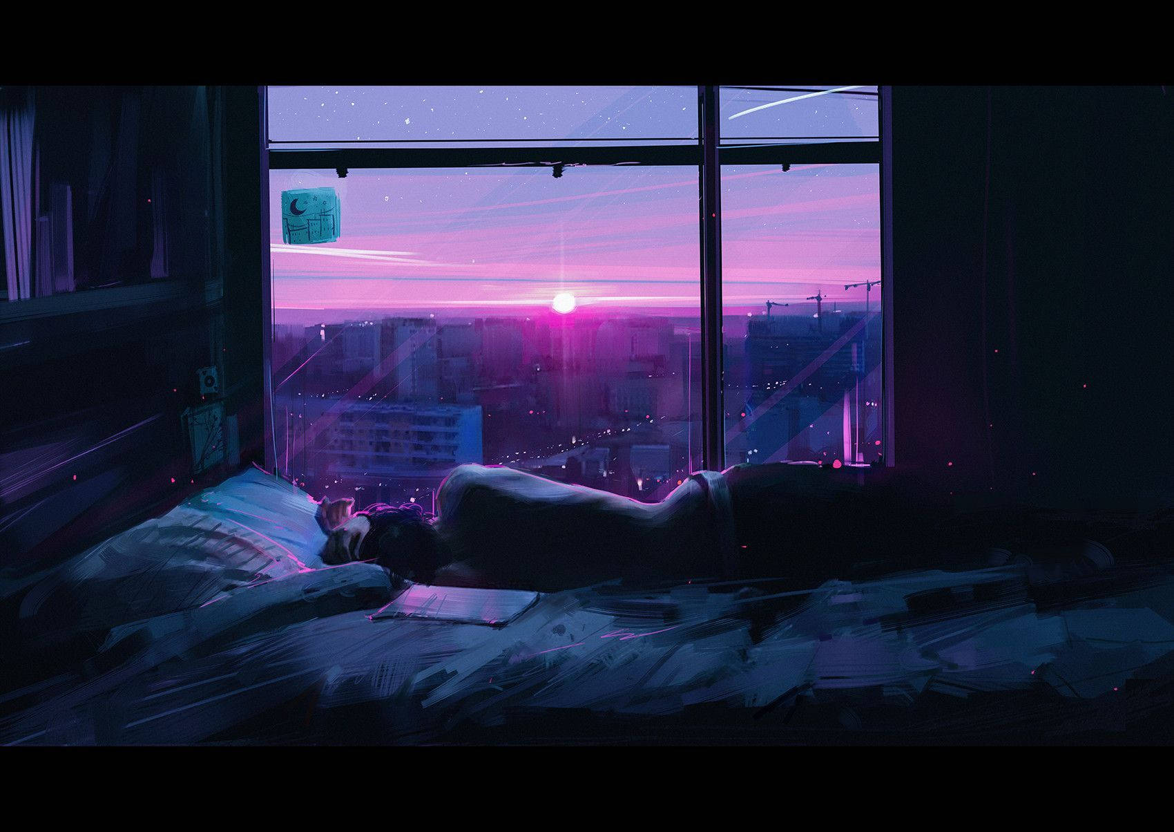 A Person Is Laying In Bed With A View Of The City Wallpaper