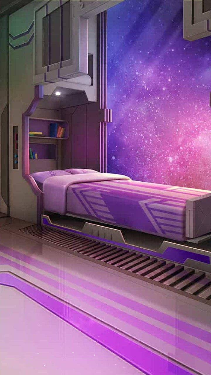 A Futuristic Bedroom With Purple Walls And A Bed Wallpaper