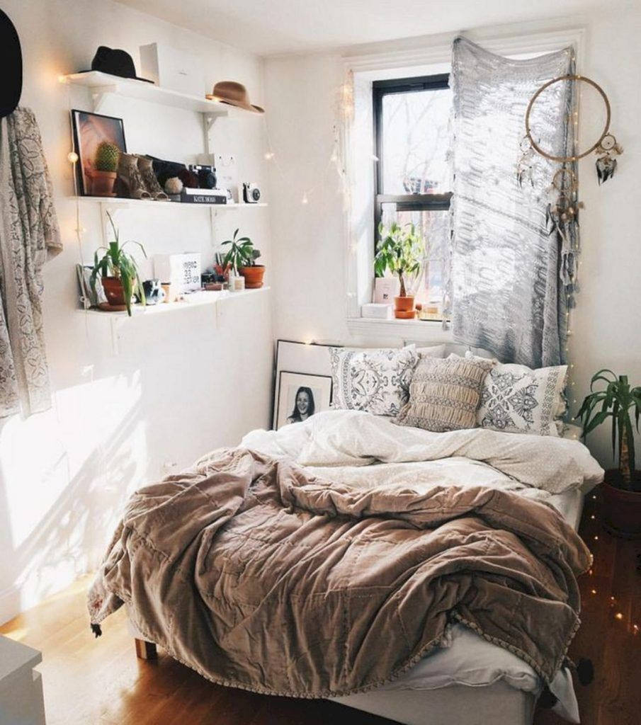 A Bedroom With A Bed And A Bedside Table Wallpaper