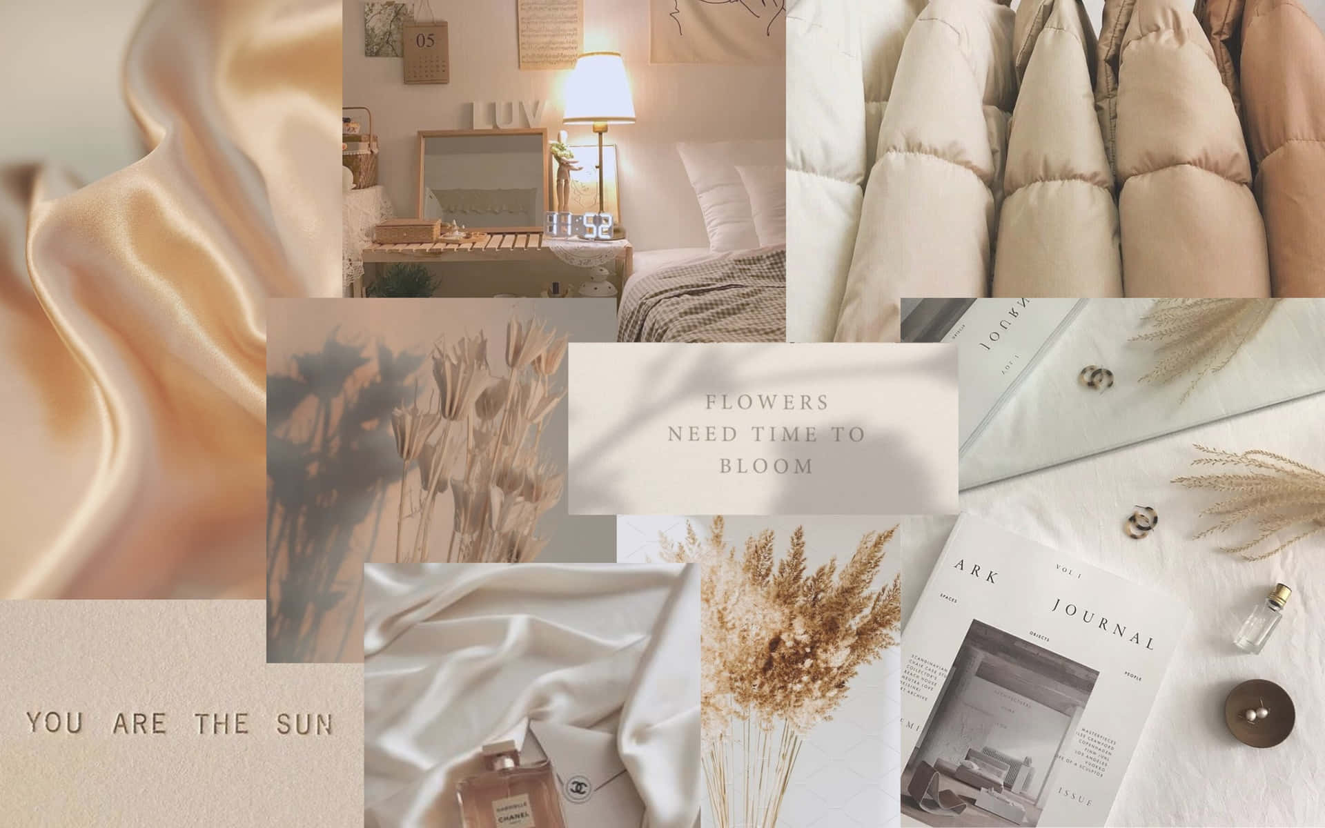 A Collage Of Various Items Including A Bed, Pillows, And A Lamp