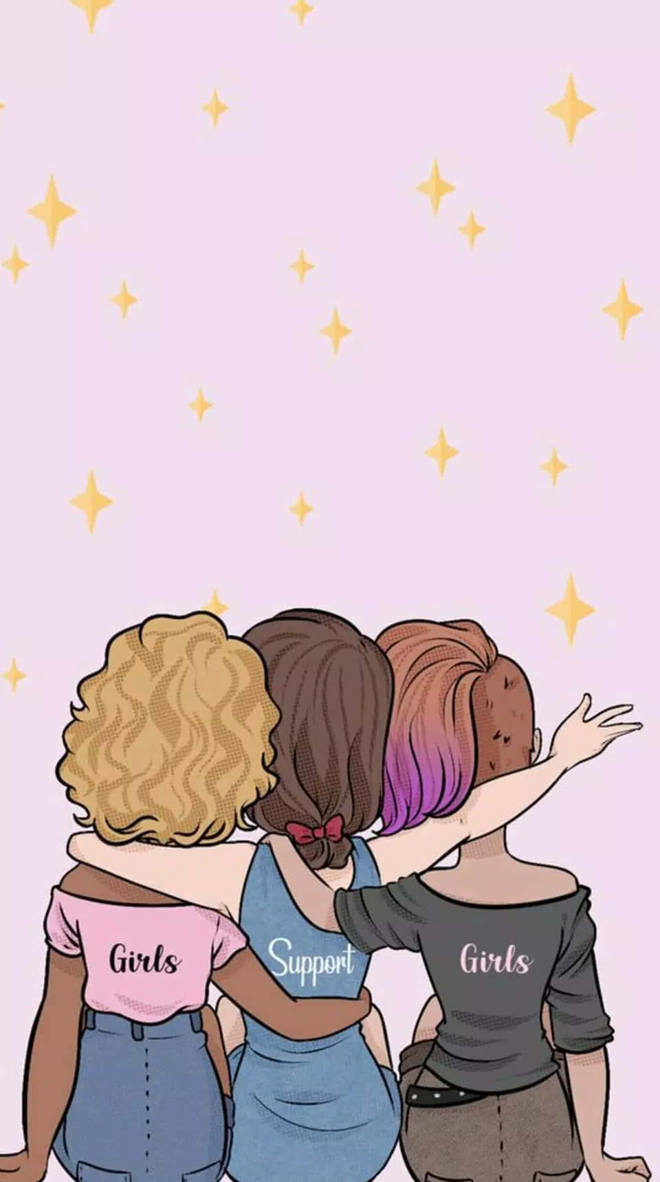 Three Girls Hugging Each Other With Stars In The Background Wallpaper