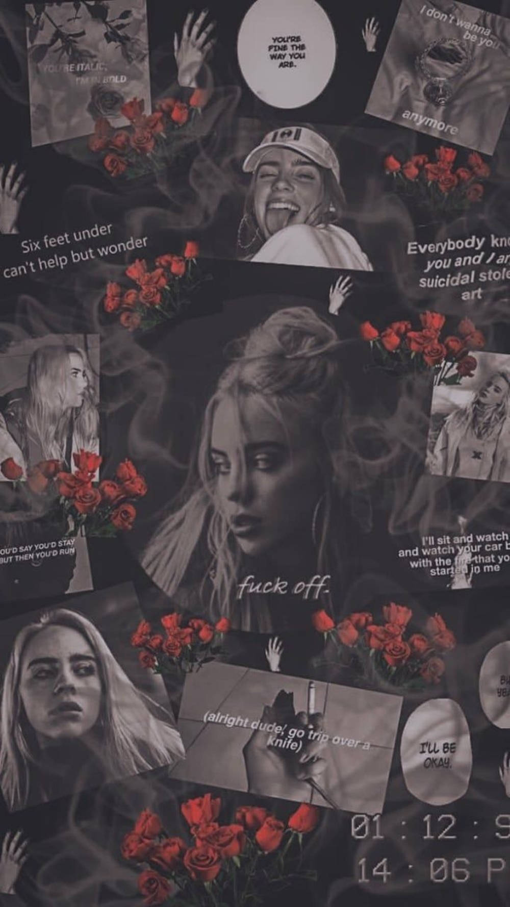 Aesthetic Billie Eilish Black And White With Roses Wallpaper